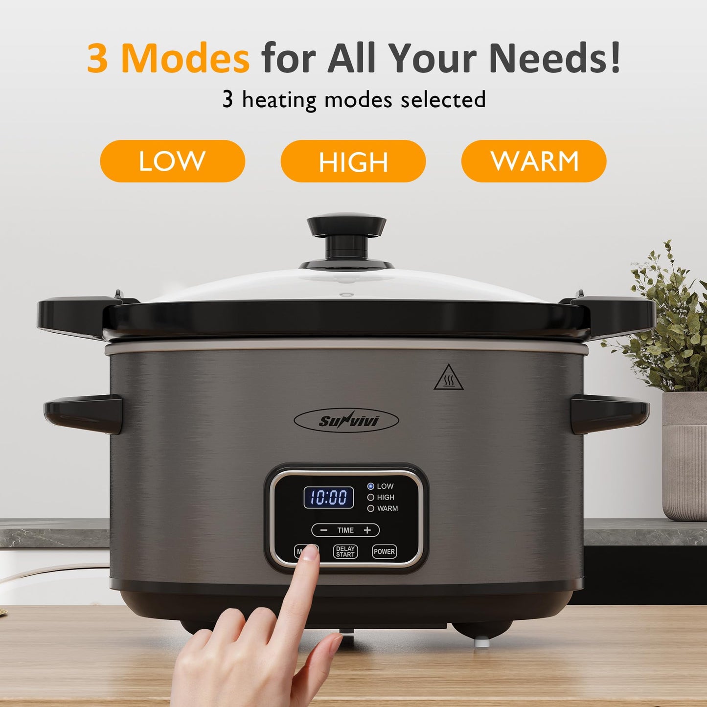 Sunvivi 4QT Slow Cooker, Programmable Pot with Locking Lid, Removable Ceramic Pot, 3 Heating Settings & Time Control,Dishwasher-safe Lid & Pot, Grey