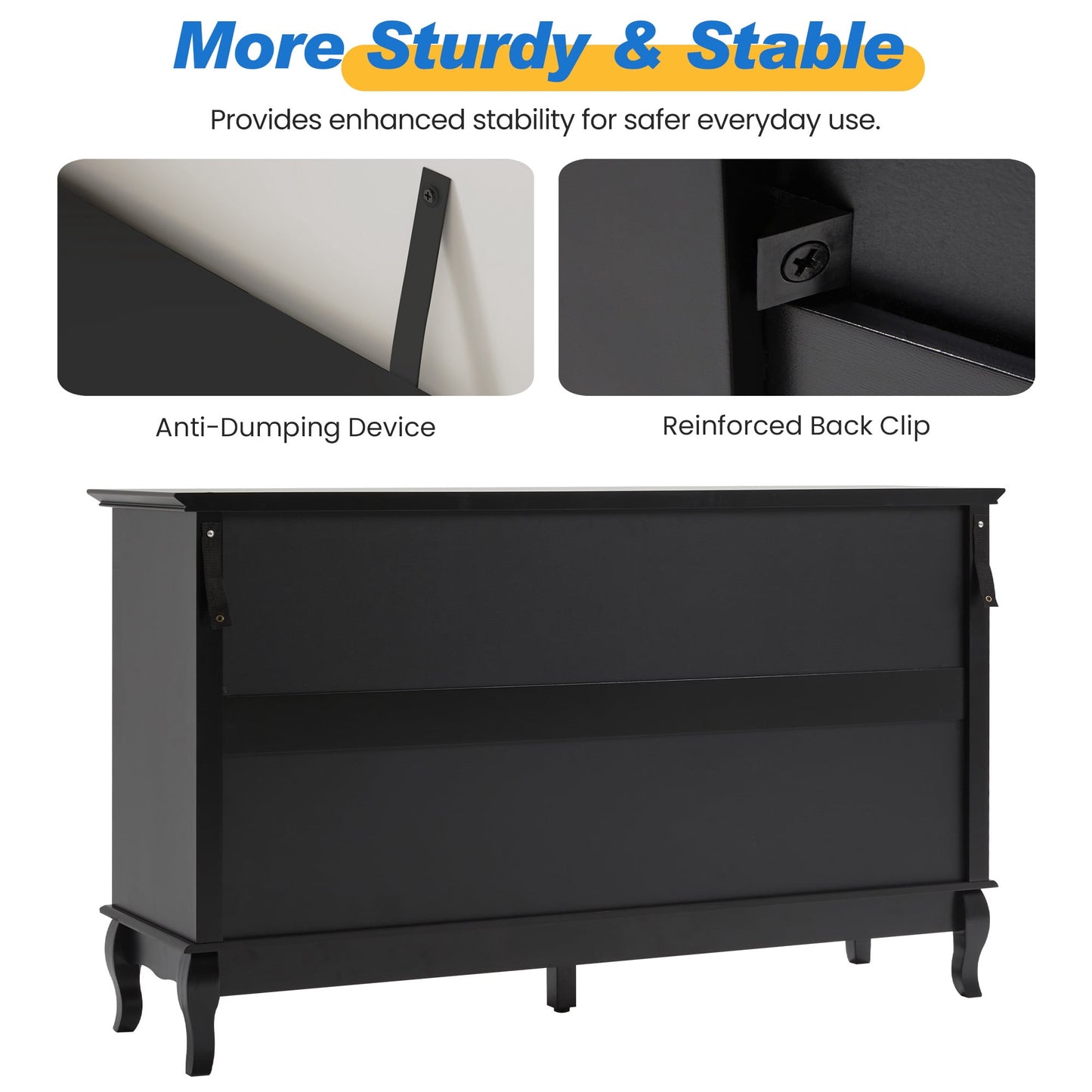 May in Color 7 Drawer Dresser with Solid Wood Legs for Bedroom, Living Room, Hallway, Black