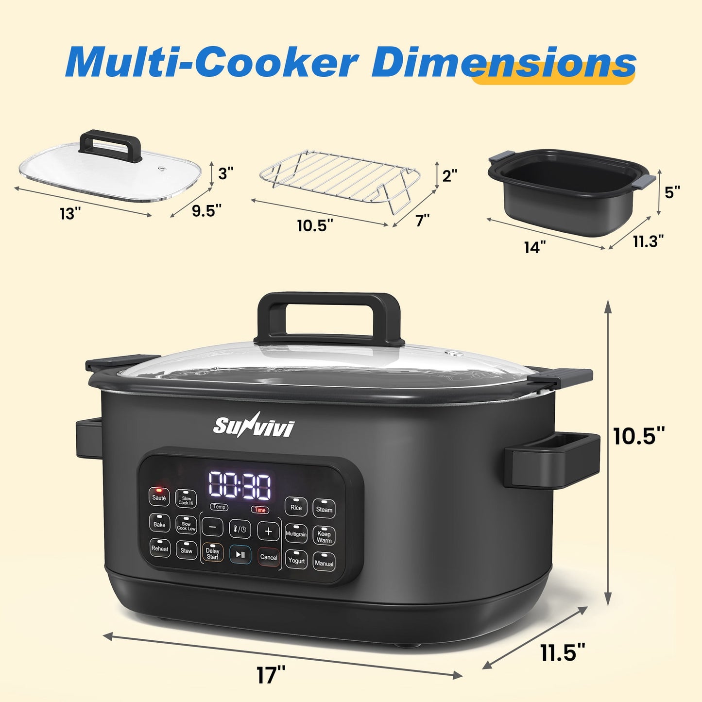 Heynemo 12-in-1 Digital Programmable Slow Cooker, 6.5 QT Large Multicooker, Multi-Cooker with Timer, Temp Control, Black
