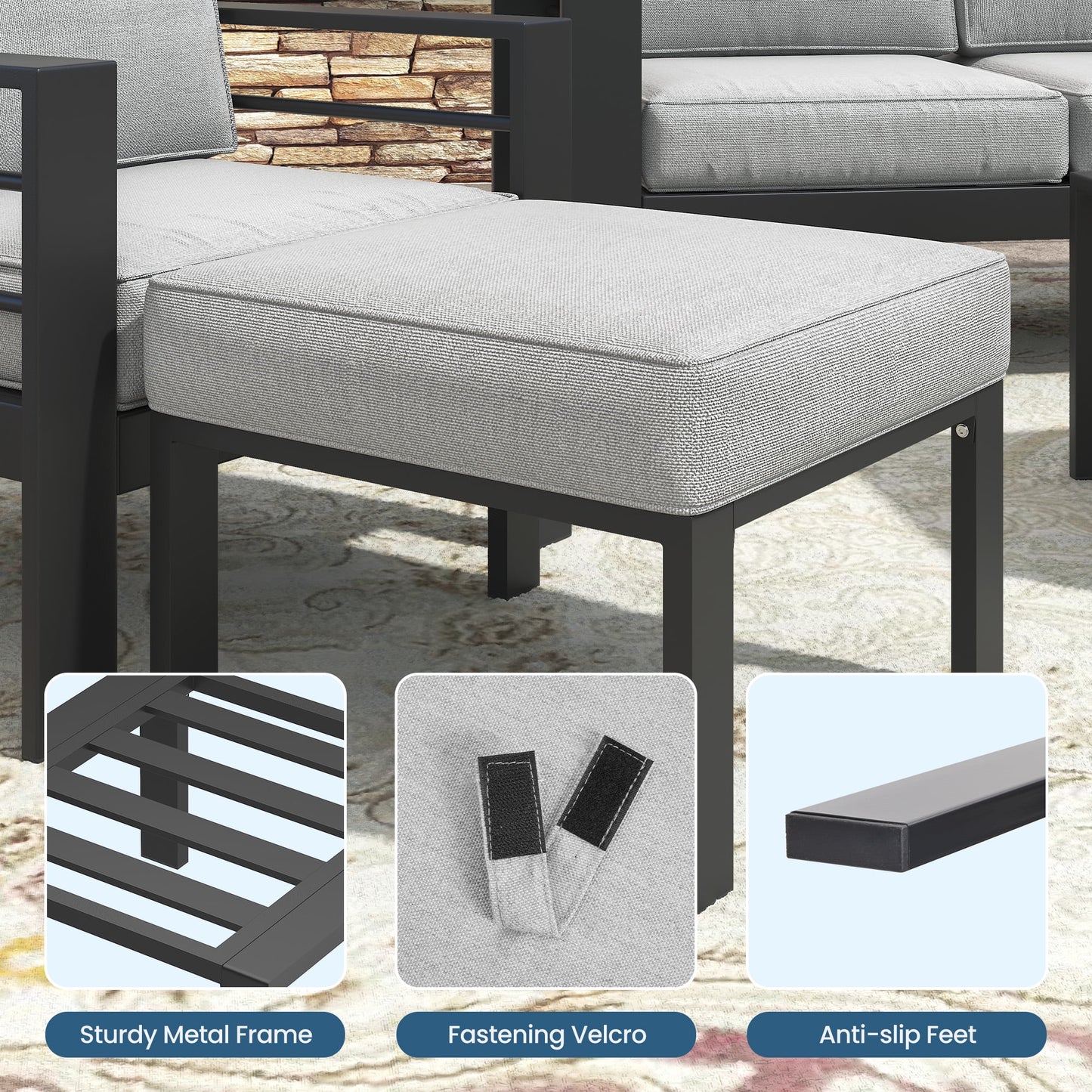 Heynemo Patio Furniture Footstools Metal Ottomans Set of 2, Metal Outdoor Ottomans with Upgraded Cushions, All-weather Outdoor Footrest Seat for Balcony, Garden, Deck, Backyard, Black