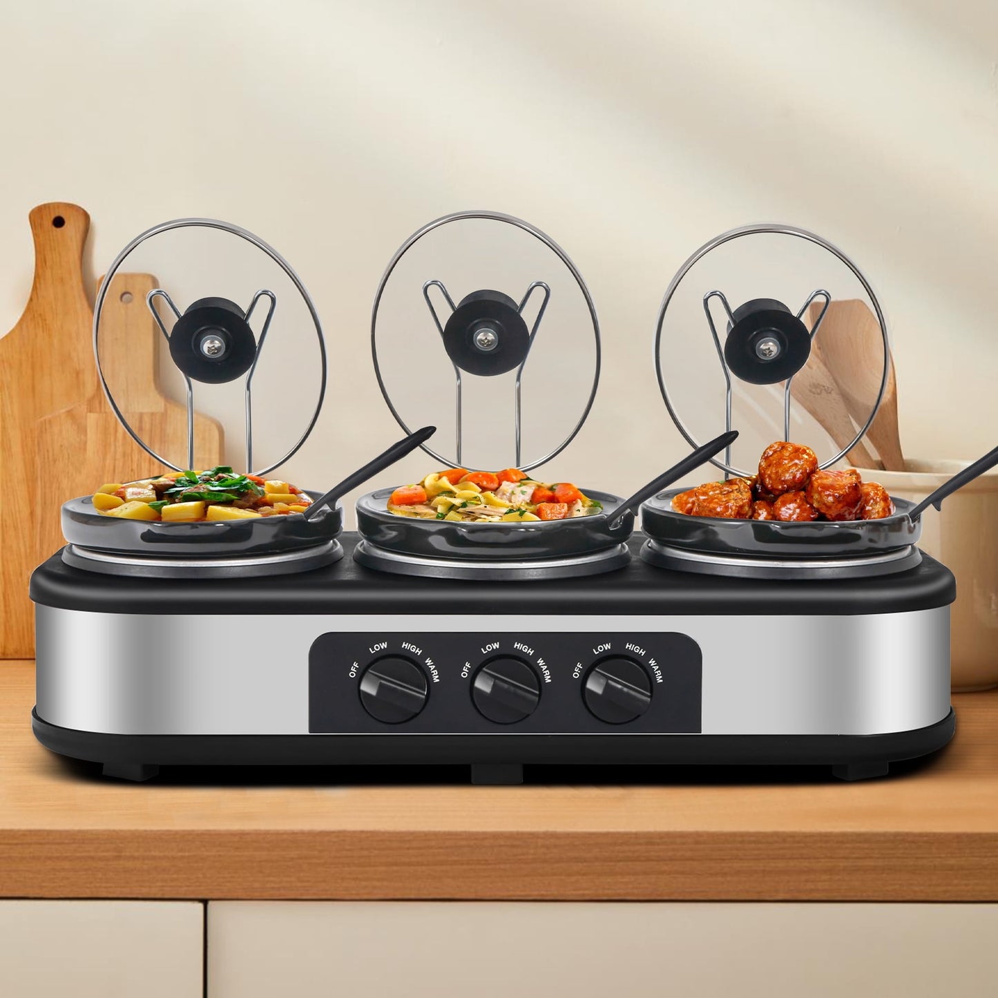Superjoe Electric Slow Cooker Buffet, 3-Pots Stainless, Server Black 4.5qt 3-Crock