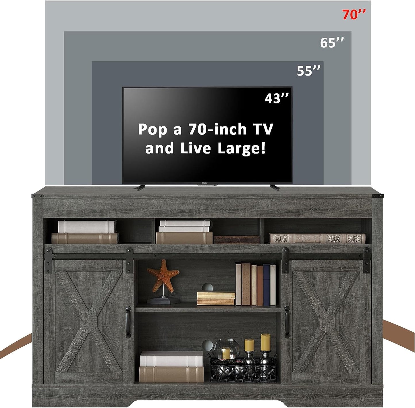 Mayincolor Farmhouse TV Stand for 65+ Inch TVs, Rustic Wood Media Console with Sliding Barn Doors, Dark Grey