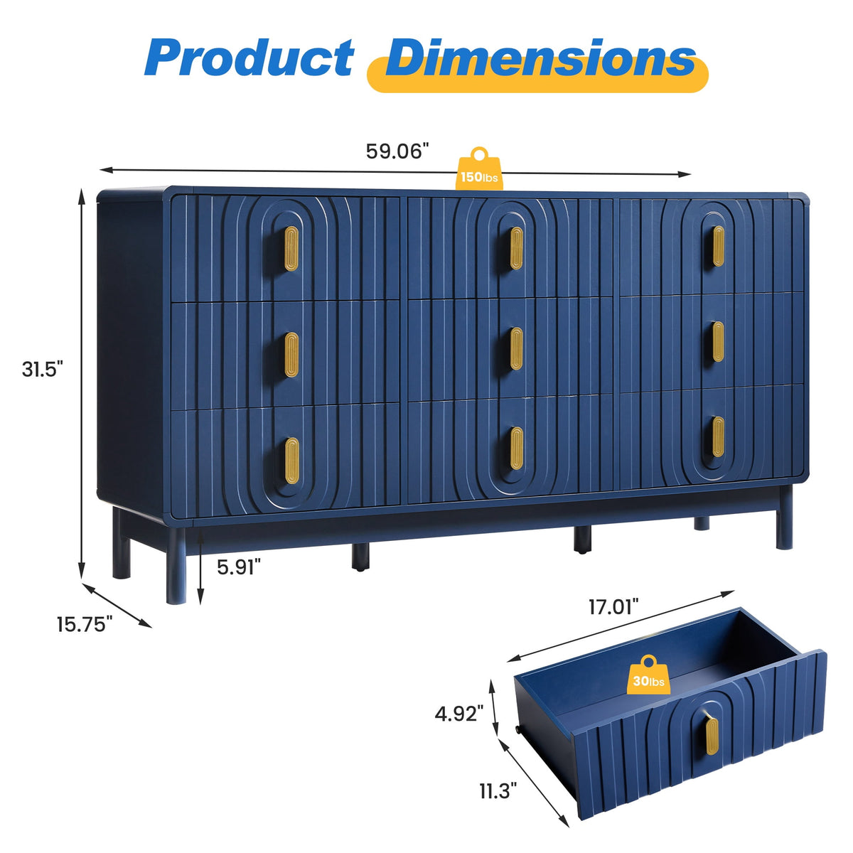 Heynemo Fluted Chest of 9 Drawers, Blue Modern 9 Drawer Dresser with Gold Metal Handles, Wide Storage Dresser Cabinet for Bedroom Living Room