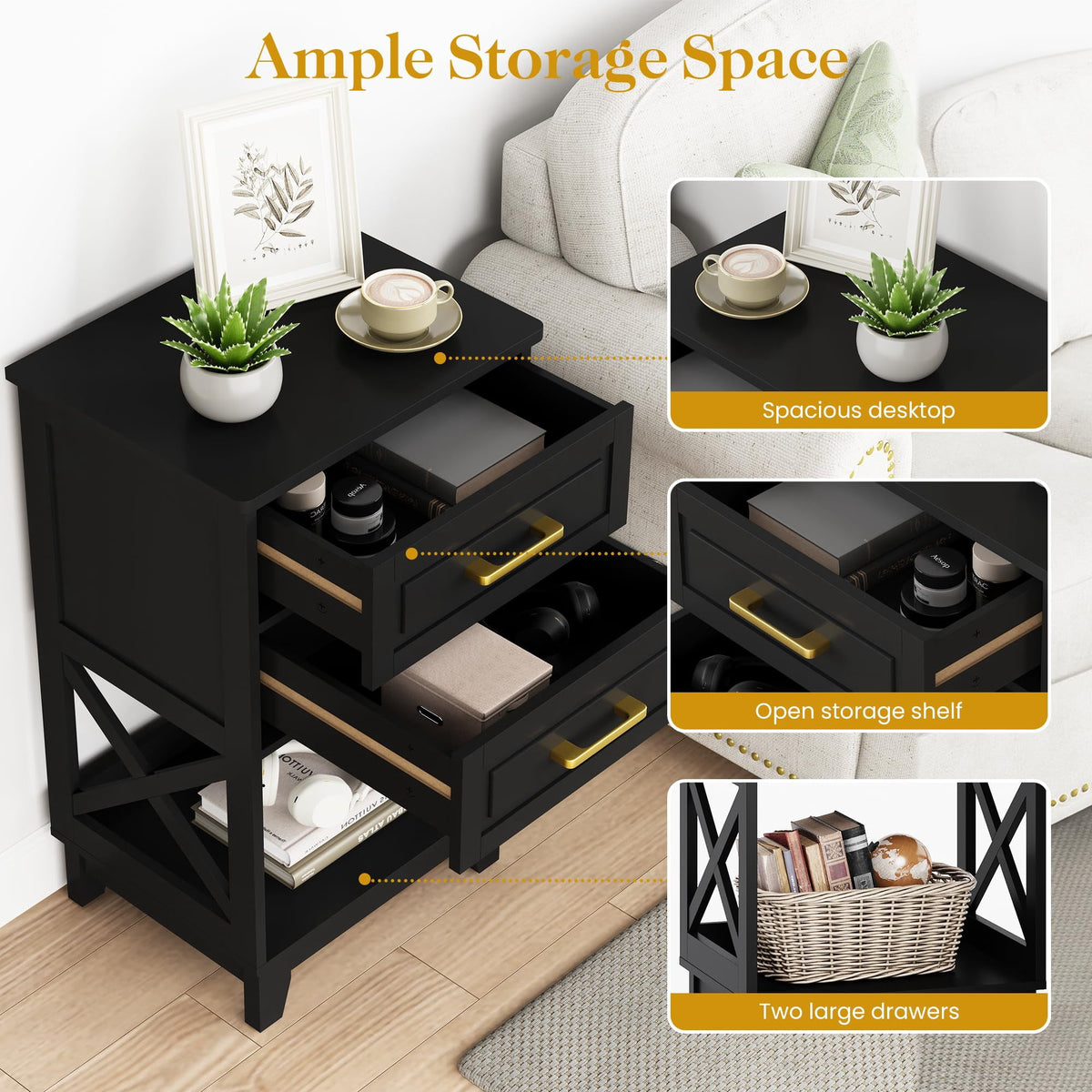 May in Color Tall Nightstand Set of 2, Side Table with 2 Drawers and Open Shelf Below, for Bedroom, Living Room, Home Office, Black