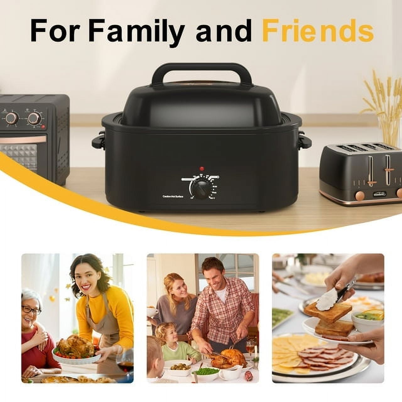 RoyalCraft 24 Quart Electric Roaster Oven Turkey Roaster with Lid Electric Roasters with Removable Pan Large Roaster,Visible & Self-basting Lid, Fast Heating & Thaw/warming Setting,Black