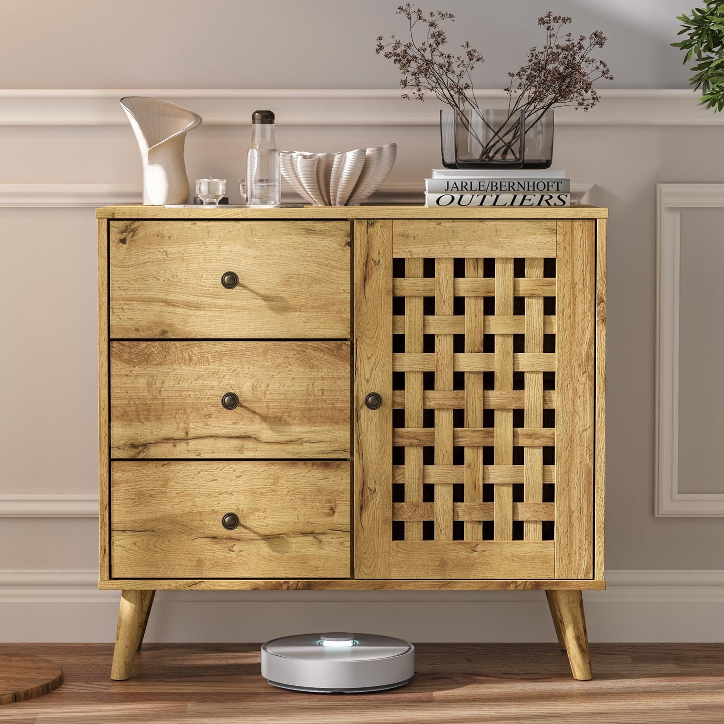 RoyalCraft Accent Cabinet with Doors, Entryway Cabinet with Oak Legs, Wooden Decorative Sideboard with Adjustable Shelf & Doors for Living Room (Natural With Door & 3 Drawers, 2)