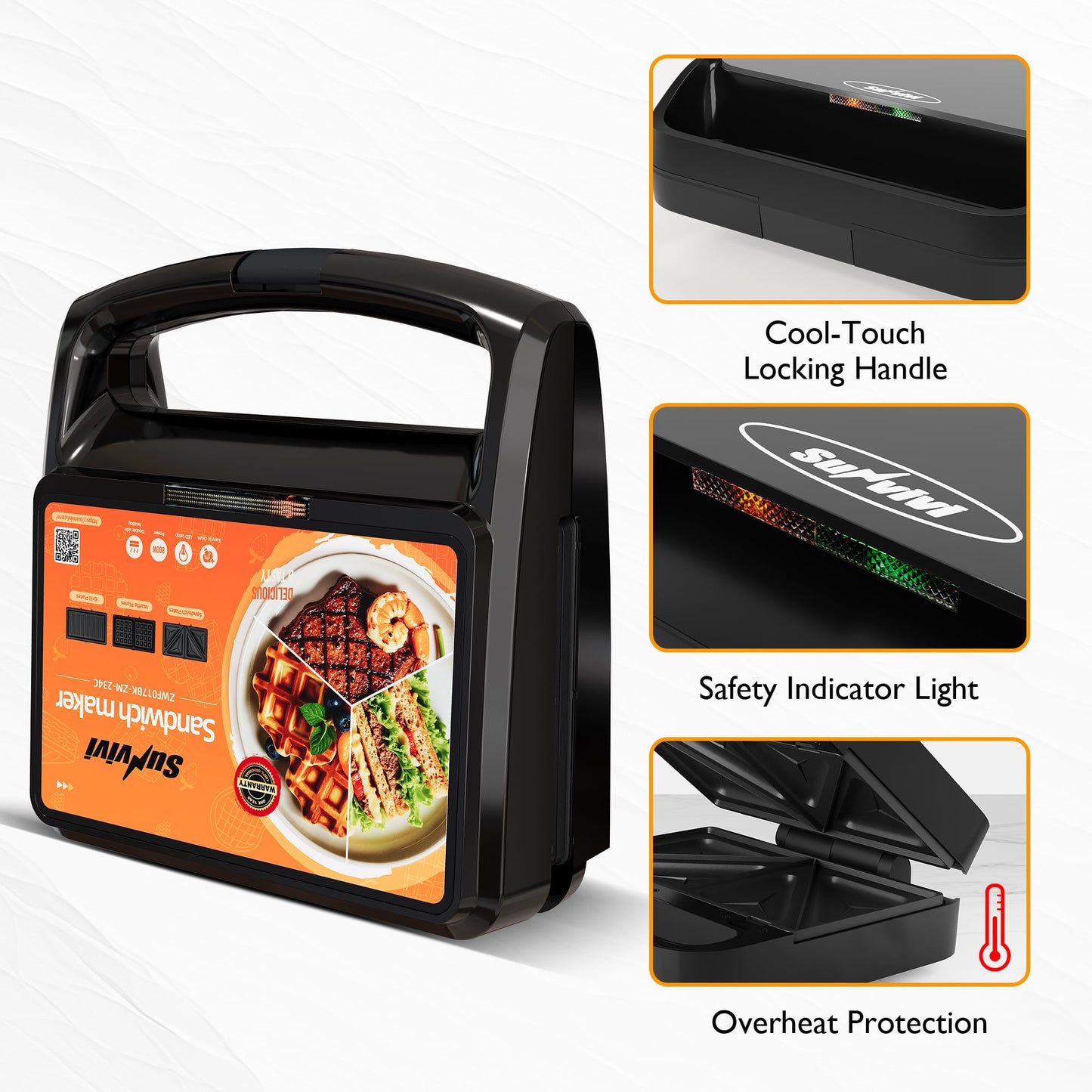 Heynemo Versatile 3-in-1 Waffle Maker & Panini Press, 800W Electric Sandwich Maker with Removable Non-Stick Plates, Tempered Glass Lid, Cool Touch Handle & Easy Cleanup