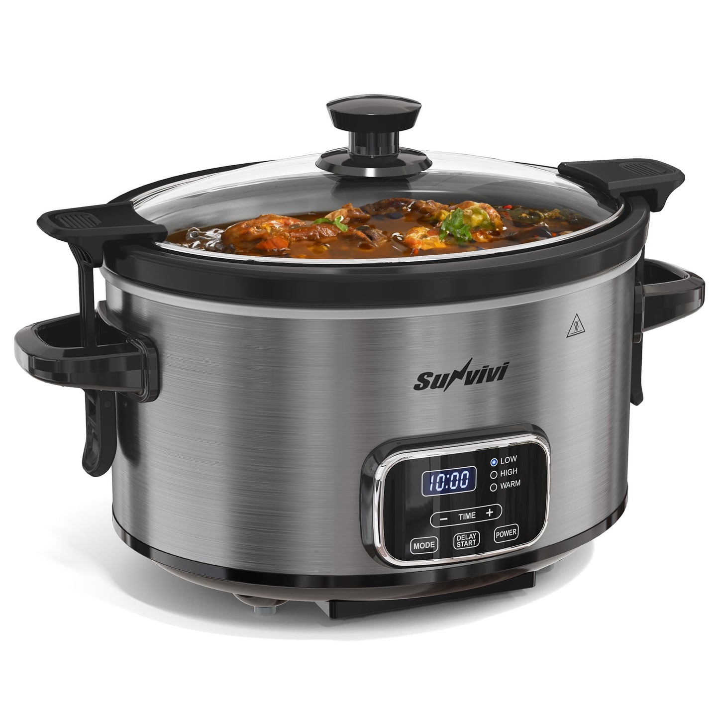 Heynemo Programmable 4 Quart Slow Cooker with Timer, Stainless Steel Pot with Locking Lid, 3 Temperature Modes & Ceramic Bowl, Silver