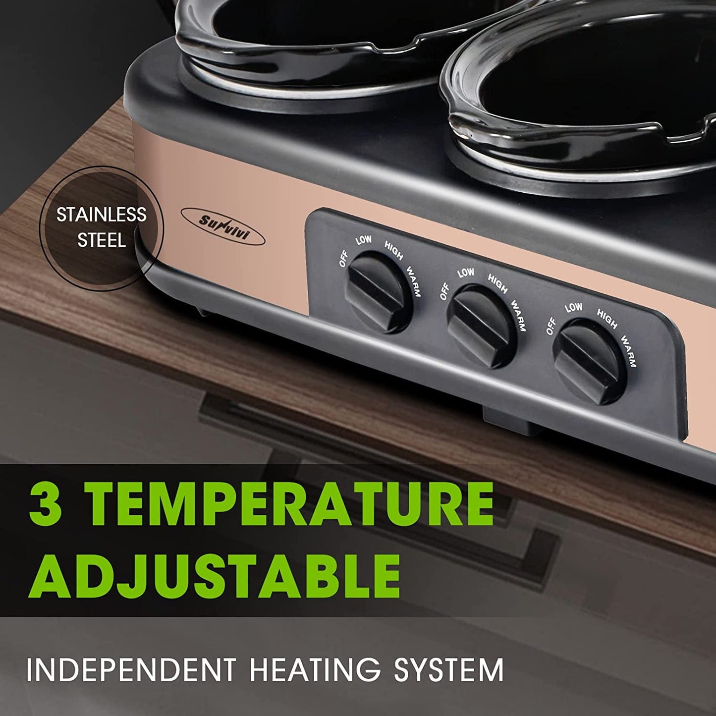 Sunvivi 1.5 Quart Triple Slow Cooker Buffet Server with 3 Ceramic Pots and Glass Lids, 4.5 Qt