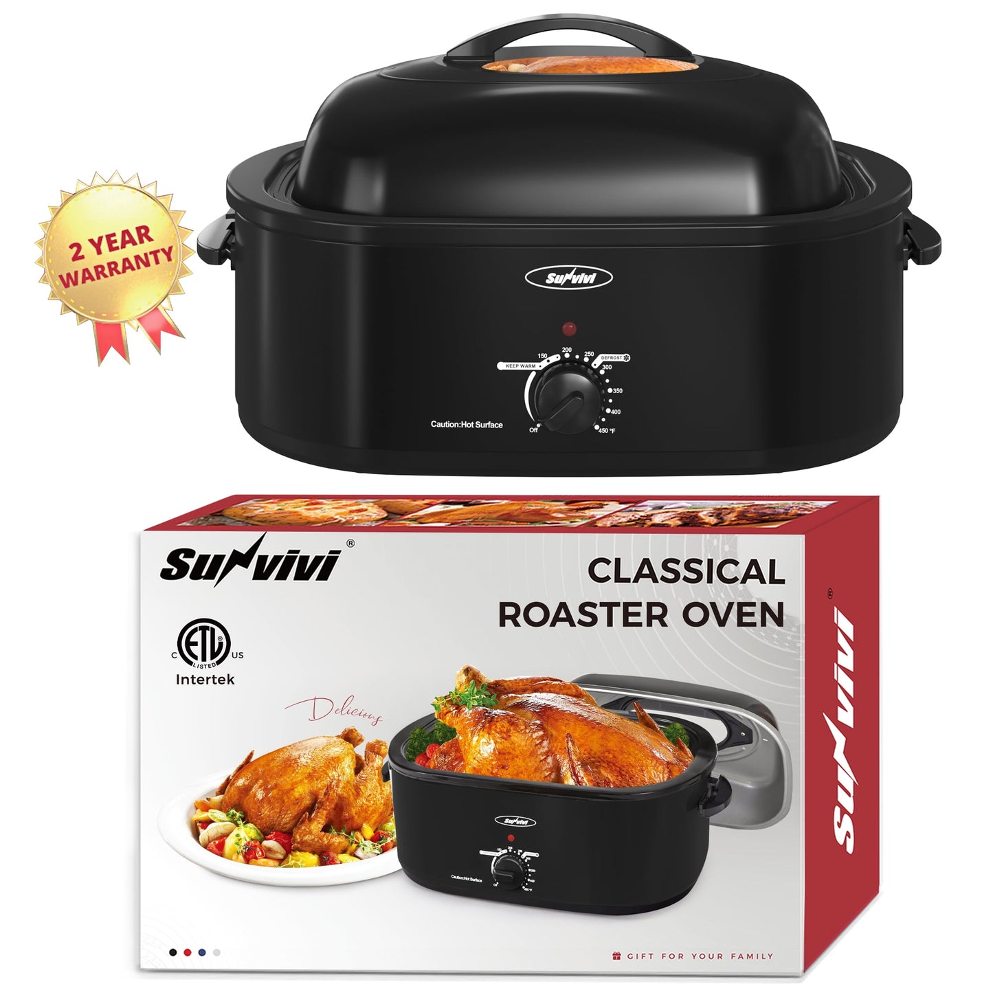 SUNVIVI 18 Quart Turkey Electric Roaster Oven with Self-Basting Lid, Stainless Steel, Black
