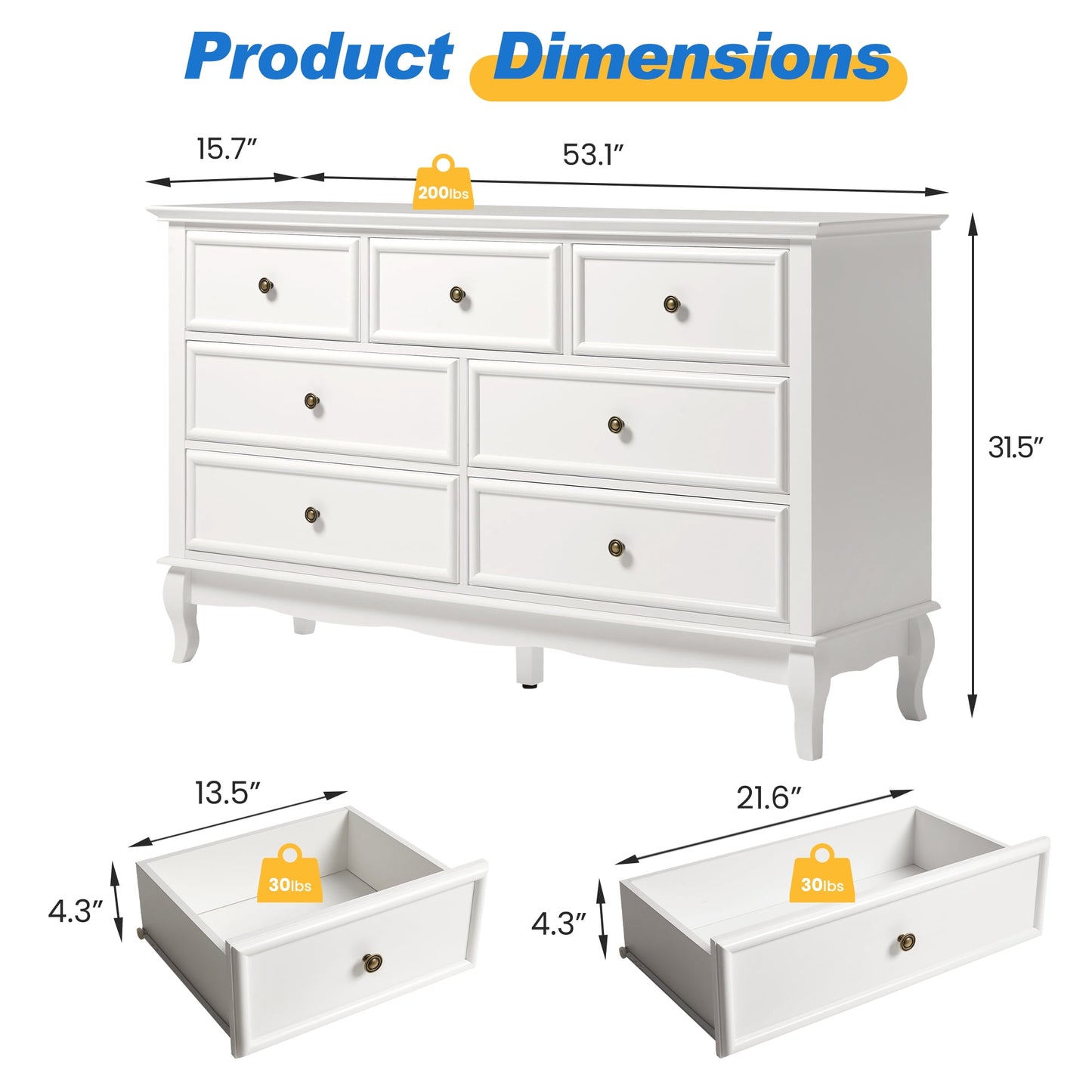 May in Color 7 Drawer Dresser with Solid Wood Legs for Bedroom, Living Room, Hallway