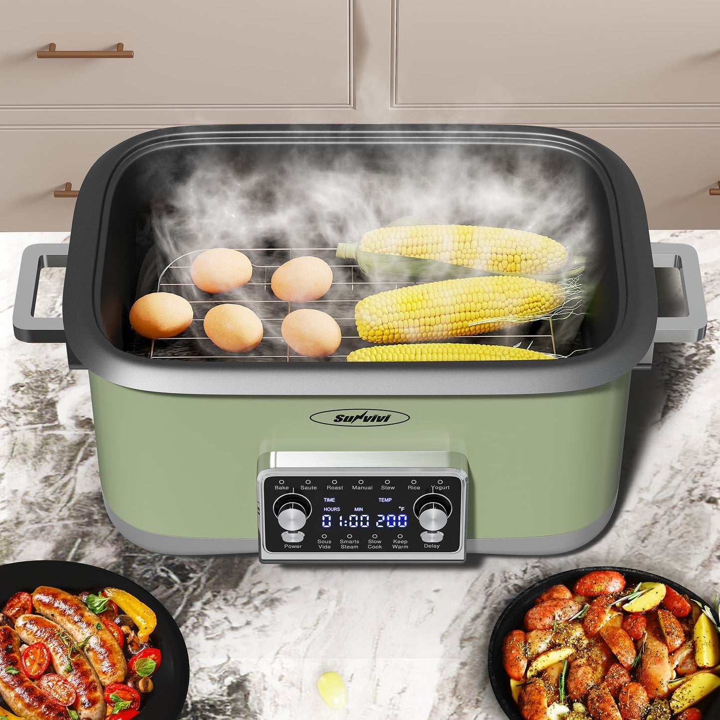 Heynemo 8QT 12-in-1 Programmable Slow Cooker, Multi-Cooker with Timer, Temperature Control, Removable Non-Stick Pot & Dishwasher-Safe Glass Lid, Green