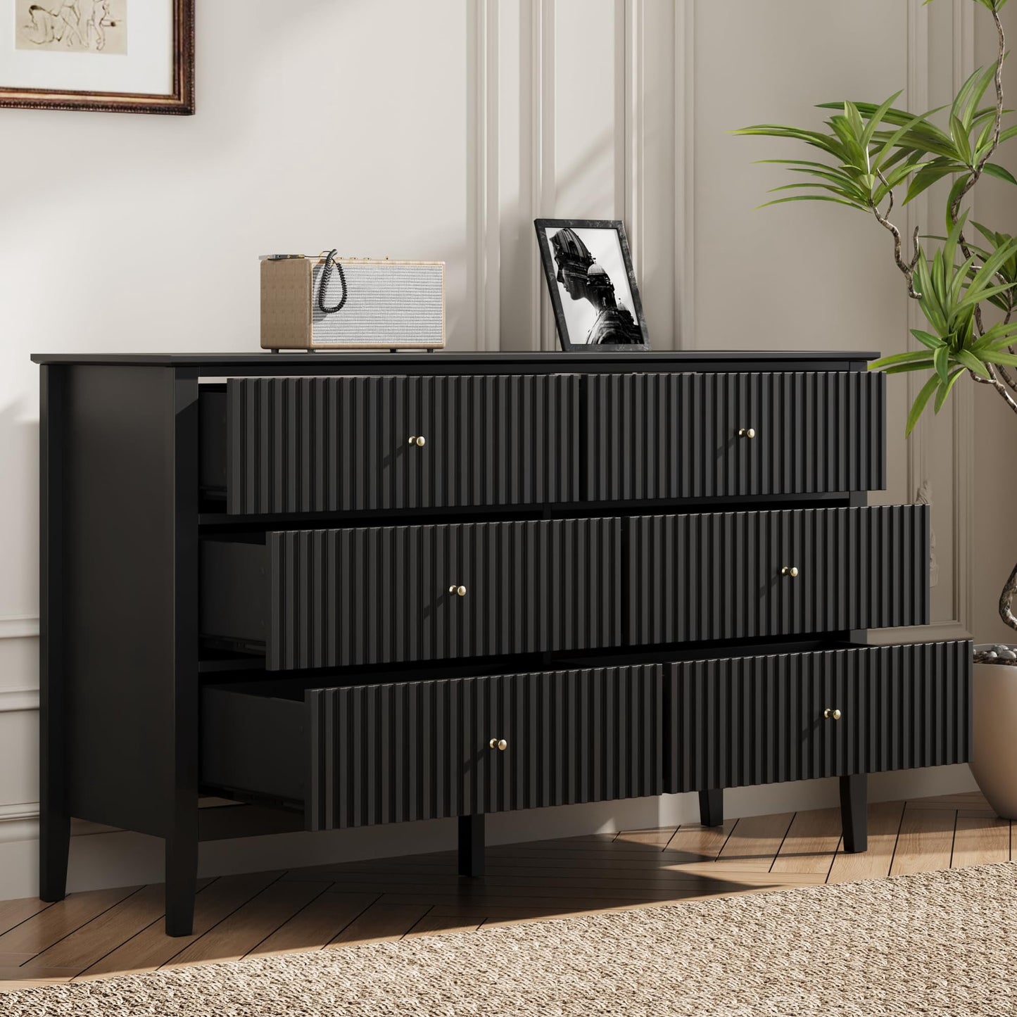 Black 6-Drawer Modern Wood Dresser, Fluted Chest with Ball Bearing Slide, Bedroom or Living Room Storage
