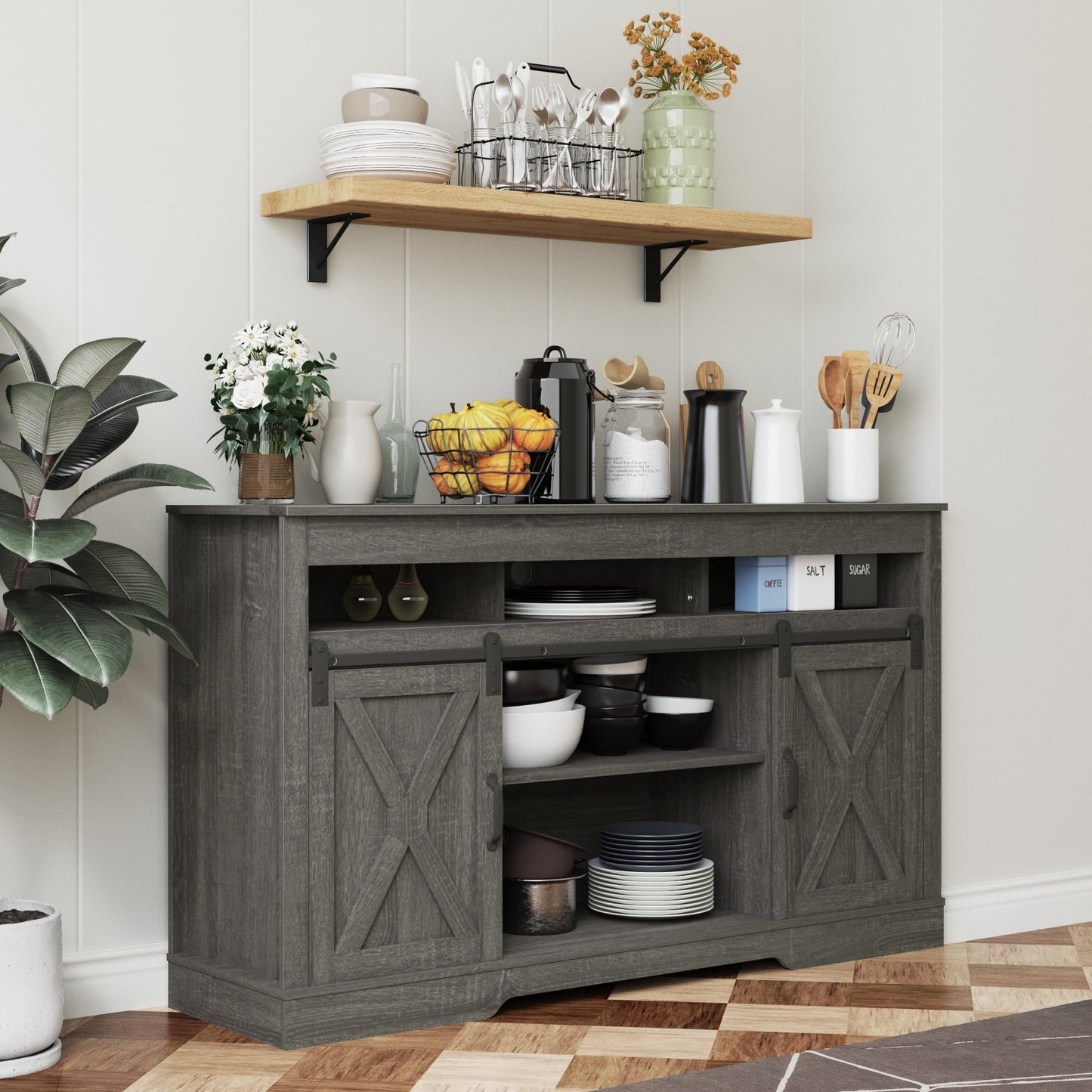 Heynemo TV Stand for 70" TVs, Modern Media Console Storage Cabinet with Sliding Barn Doors, Wooden Entertainment Center for Living Room Bedroom, Dark Gray