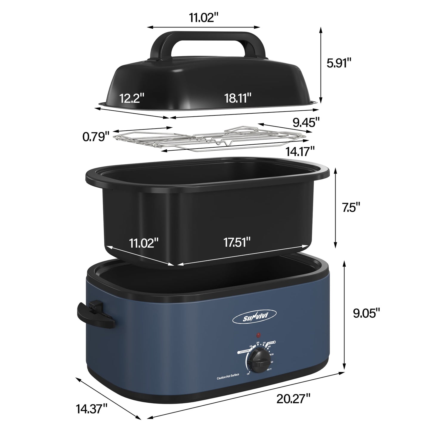 Sunvivi 26 Quart Electric Turkey Roaster Oven Upgraded Large Size with Visible Glass Lid, Removable Pan & Rack, Stainless Steel, Blue