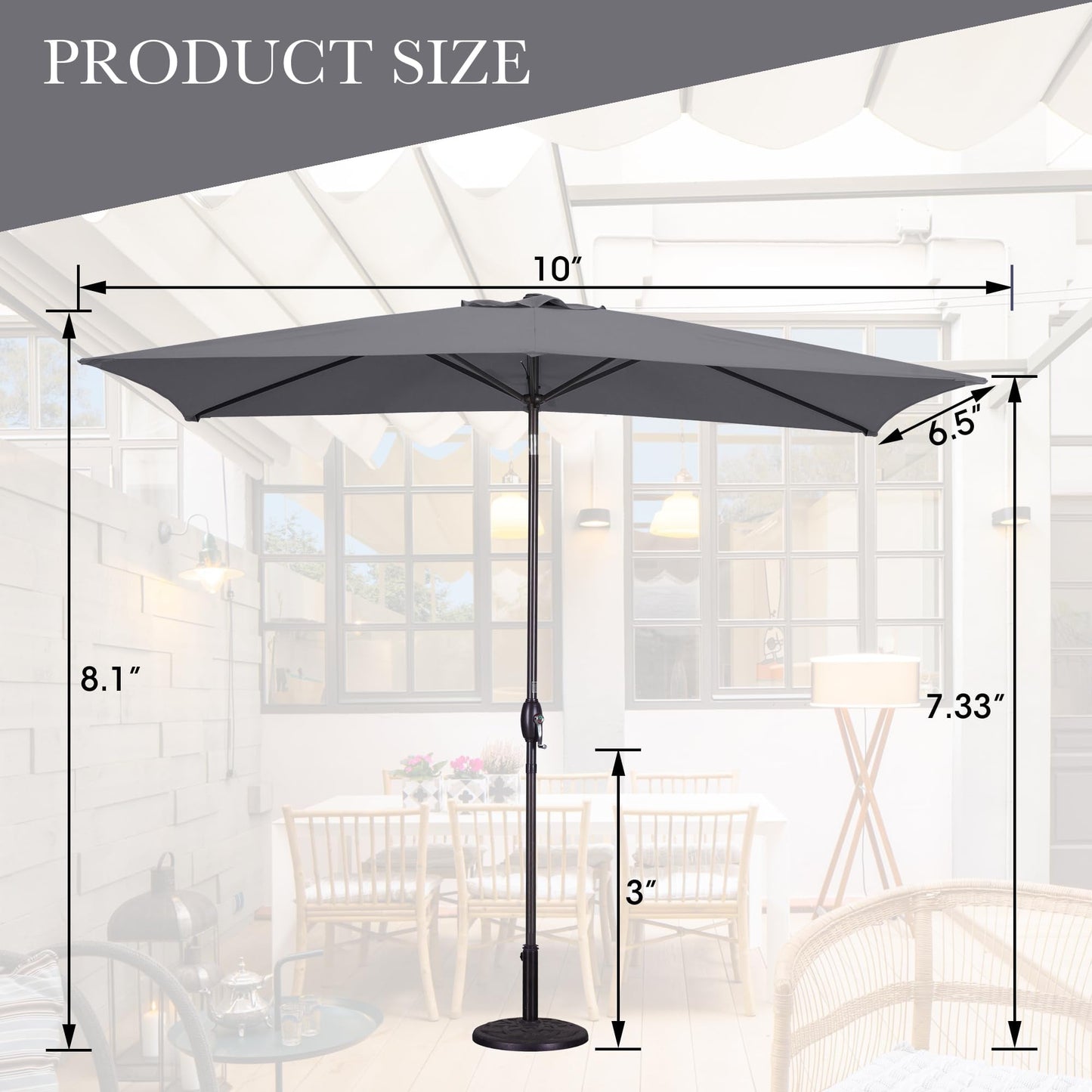 Heynemo 10x 6.5ft Rectangular Patio Umbrella, Outdoor Table Market Umbrella with Crank, 6 Steel Ribs, Polyester Canopy, Aluminum Pole,Red