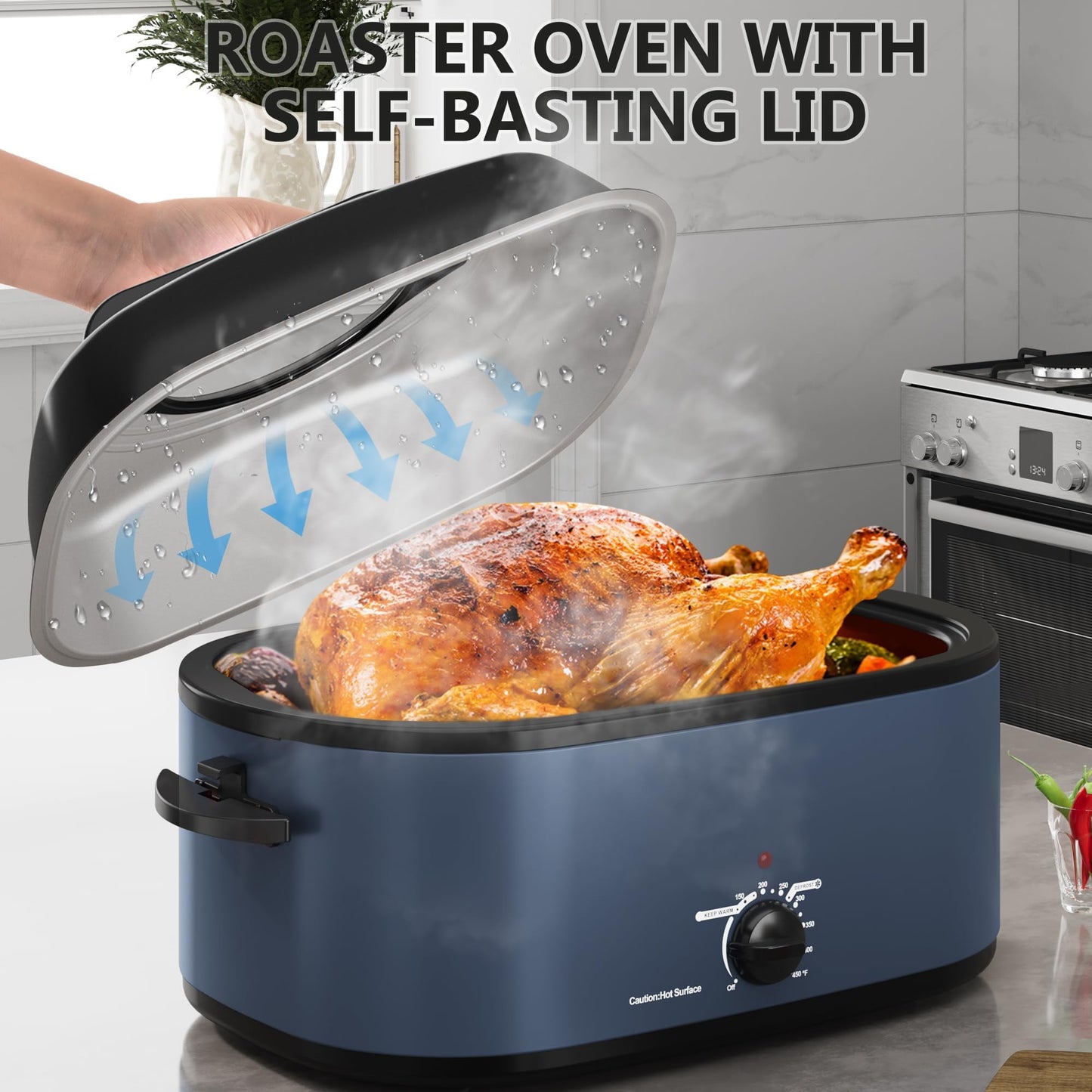 Sunvivi Roaster Oven 28 Quart, Electric Roaster Oven with Visible & Self-Basting Lid, Turkey Roaster Oven with Removable Pan & Rack, Variable Temperature Control, Stainless Steel, Blue