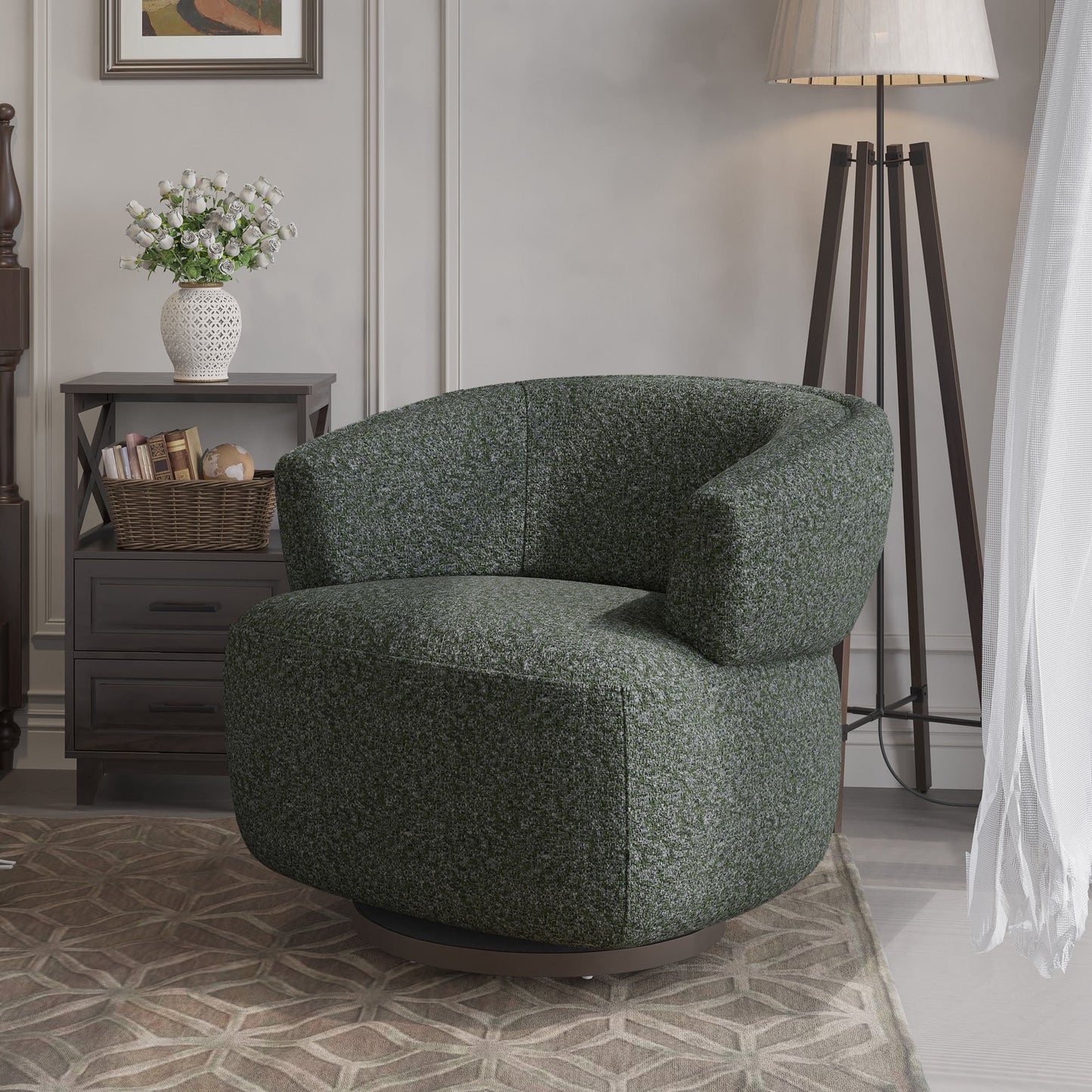 Swivel Accent Chair, Fully Assembled Round Barrel Chairs, Oversized Upholstered Armchair with 360-Degree Base, Modern Club Chair for Living Room, Bedroom, Office