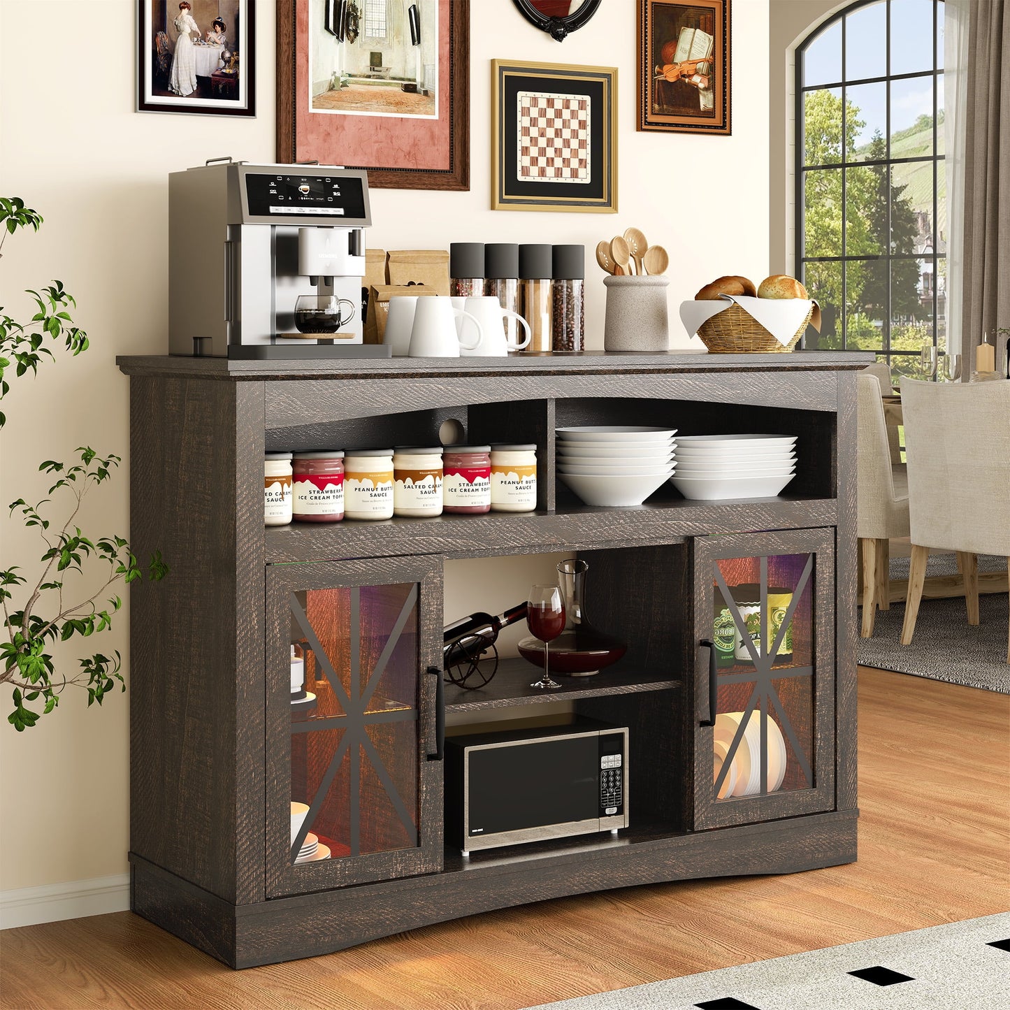 May in Color 47'' Farmhouse TV Stand with Adjustable Shelves, Glass Doors & LED Lights