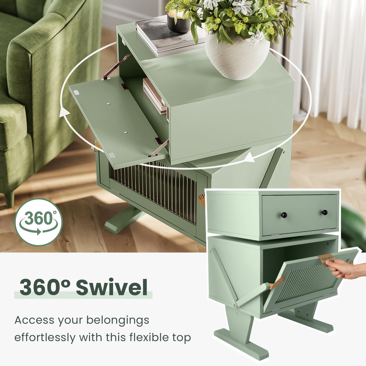 May in Color Nightstand with LED Light Strips, Modern End Table with 360¡ã Rotating Drawer, Bedside Table with Glass Door Storage, Wood Night Stand Cabinet for Living Room, Bedroom, Green