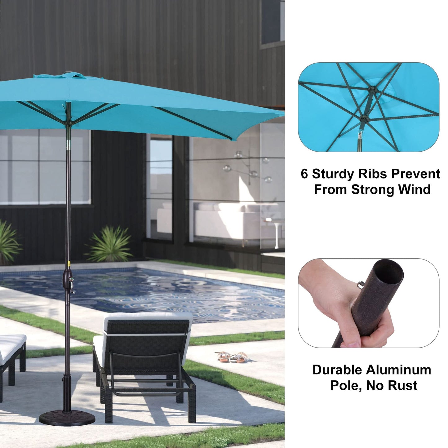 Heynemo Rectangular Patio Umbrella 10' x 6.5' with Hand Crank, Outdoor Market Umbrella with Waterproof Cover for Garden, backyard and Deck, Light Blue