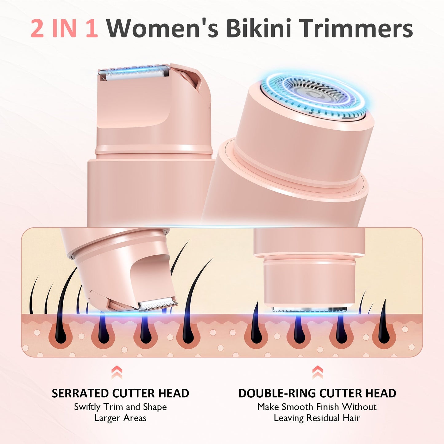 Heynemo Versatile 2-in-1 Electric Bikini Trimmer for Women: Waterproof Pubic Razor for Face Body Bikini Underarm Leg Arm, Pink