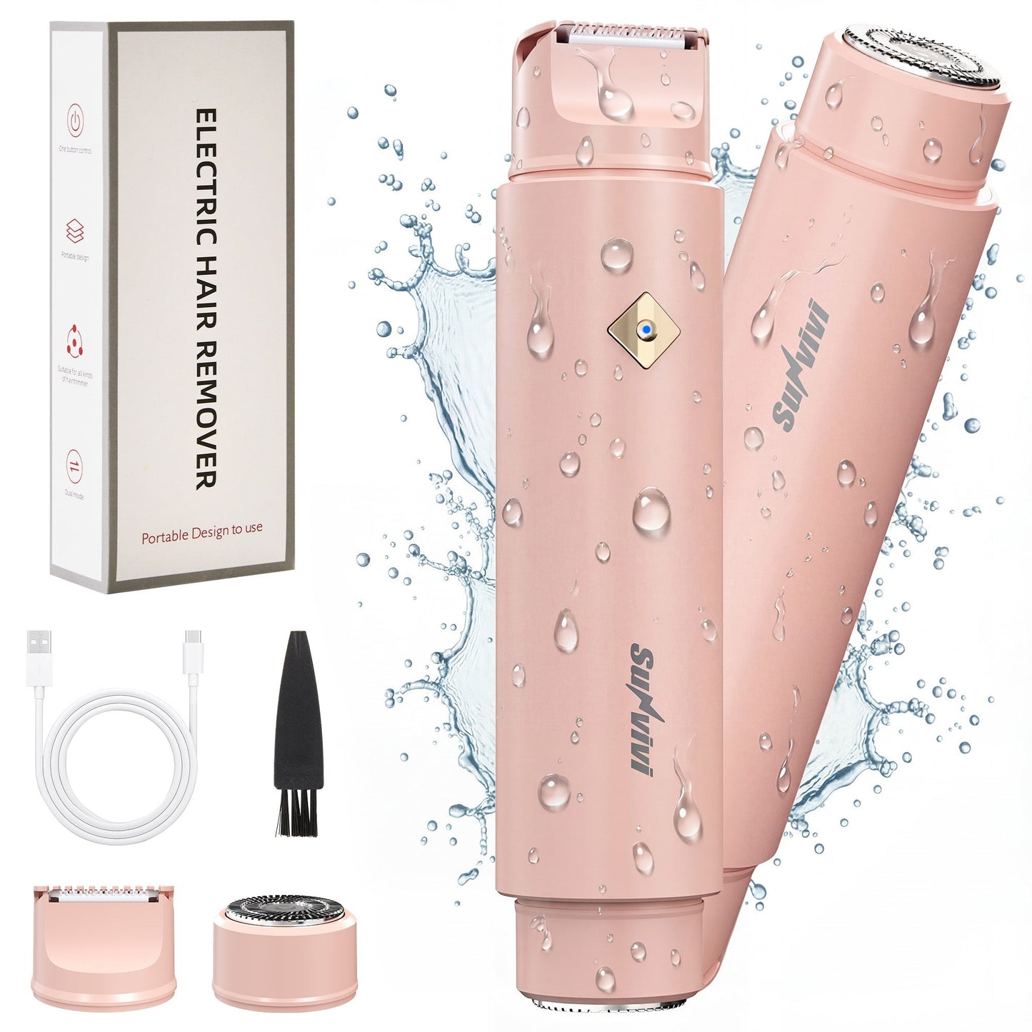 Heynemo Versatile 2-in-1 Electric Bikini Trimmer for Women: Waterproof Pubic Razor for Face Body Bikini Underarm Leg Arm, Pink