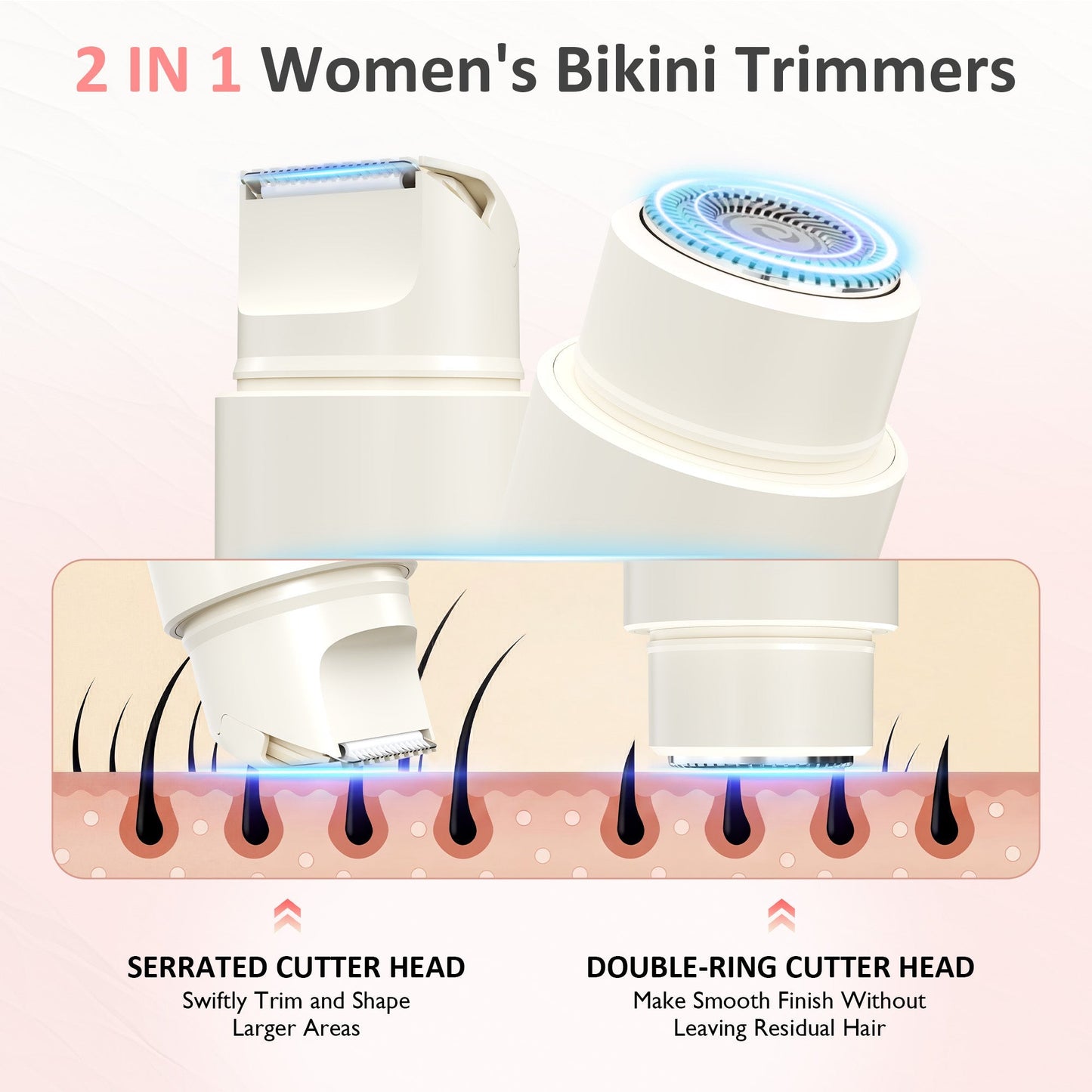 Heynemo Versatile 2-in-1 Electric Bikini Trimmer for Women: Waterproof Pubic Razor for Face Body Bikini Underarm Leg Arm, White