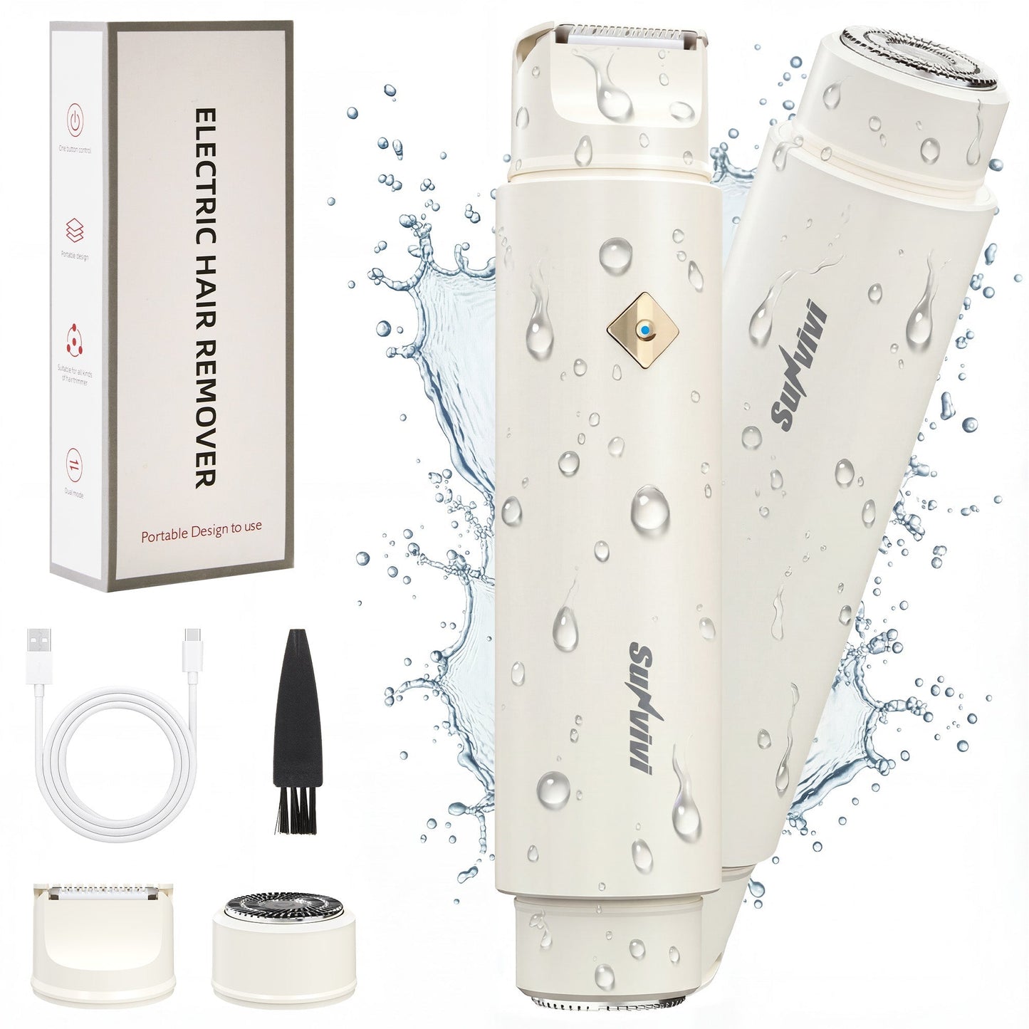 Heynemo Versatile 2-in-1 Electric Bikini Trimmer for Women: Waterproof Pubic Razor for Face Body Bikini Underarm Leg Arm, White