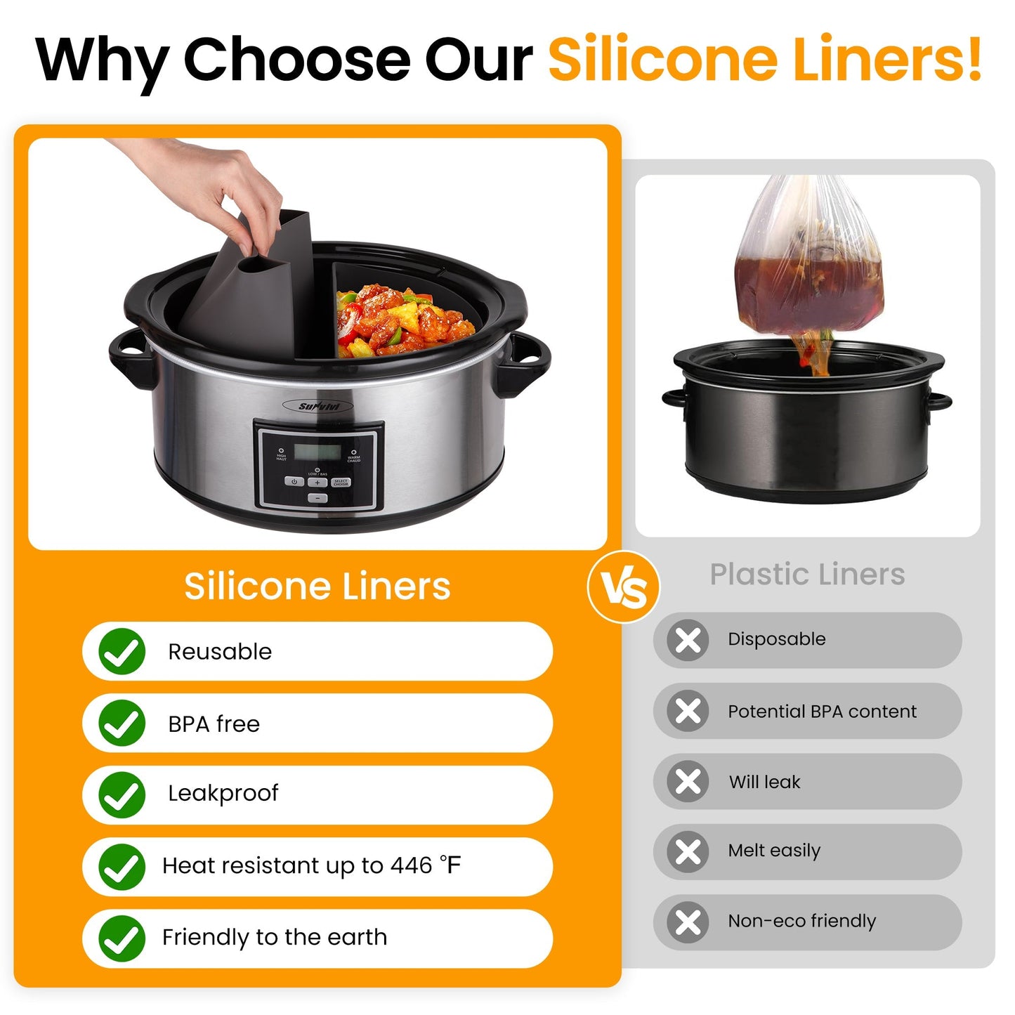 Heynemo 2-in-1 Silicone Slow Cooker Liners, Reusable Divider Insert for 6QT Crock Pot, Bpa Free, Dishwasher Safe, Grey