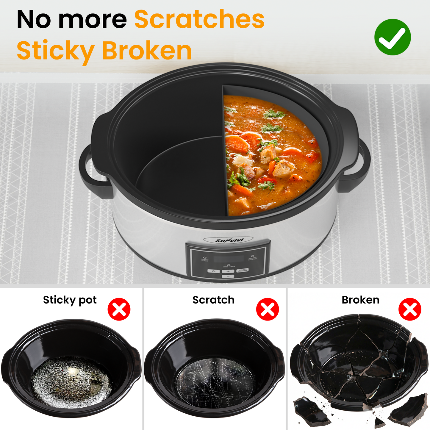 Heynemo 2-in-1 Silicone Slow Cooker Liners, Reusable Divider Insert for 6QT Crock Pot, Bpa Free, Dishwasher Safe, Grey