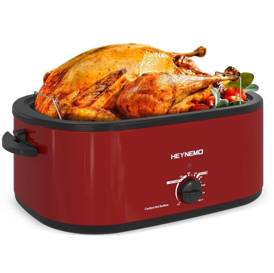 Superjoe 18 Quart Electric Roaster Oven with Self-Basting Lid, Turkey Roaster Oven Buffet with Removable Pan, Cool-Touch Handles, Red