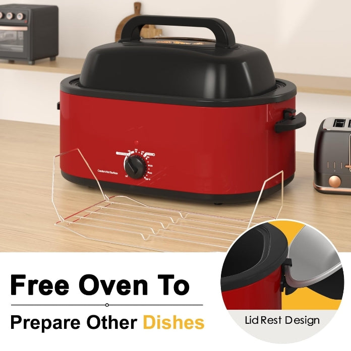 Superjoe 18 Quart Electric Roaster Oven with Self-Basting Lid, Turkey Roaster Oven Buffet with Removable Pan, Cool-Touch Handles, Red