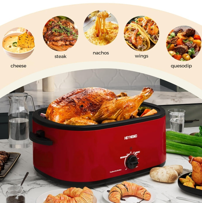 Superjoe 18 Quart Electric Roaster Oven with Self-Basting Lid, Turkey Roaster Oven Buffet with Removable Pan, Cool-Touch Handles, Red