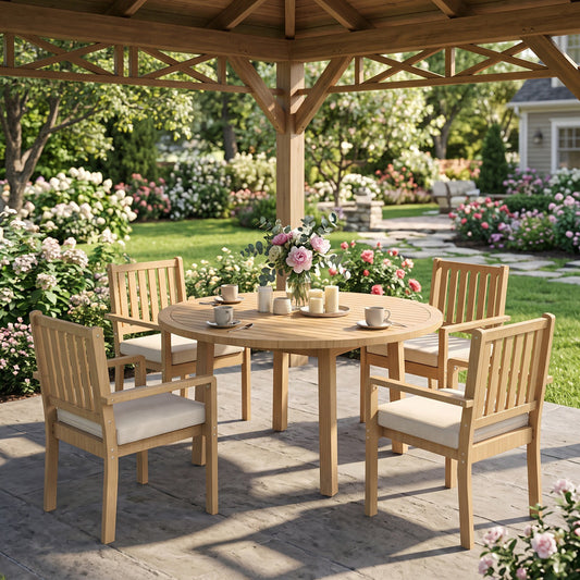 5-Piece Acacia Patio Table and Chairs Set for All-Weather, Outdoor Patio Dining Set with Umbrella Hole and Removable Cushion for 4, Durable Patio Table and Chairs Set for Garden£¬Heynemo