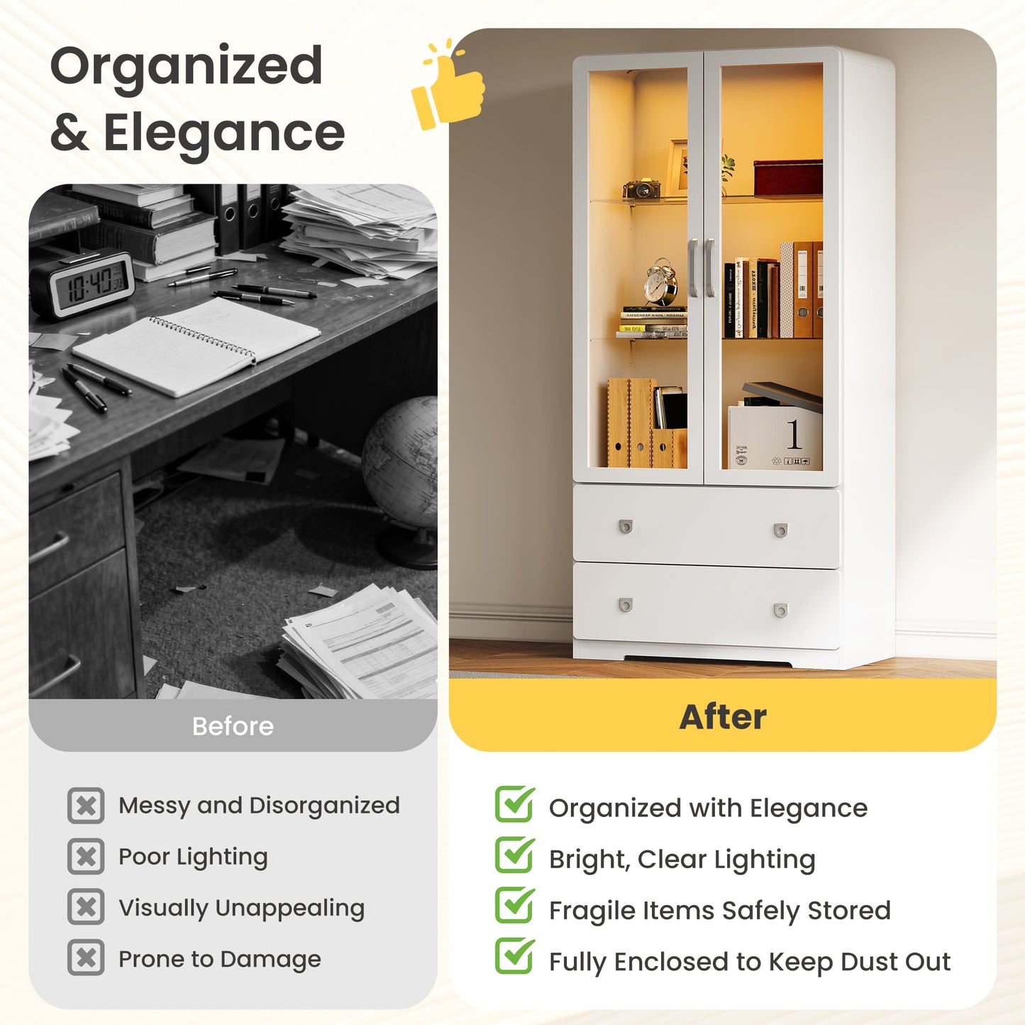Heynemo 64'' Tall Display Cabinet with Acrylic Doors and LED Lights, White
