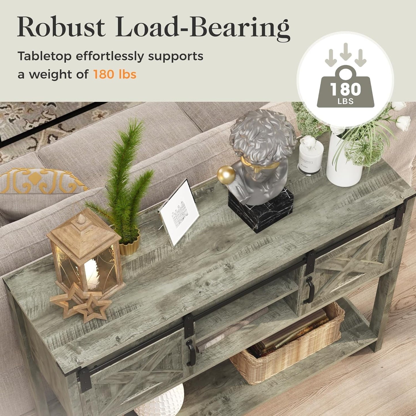 May in Color Entryway Table with Storage Cabinets, 46" Modern Farmhouse Console Table with Sliding Barn Door, for Hallway, Living Room, Foyer, Light Grey