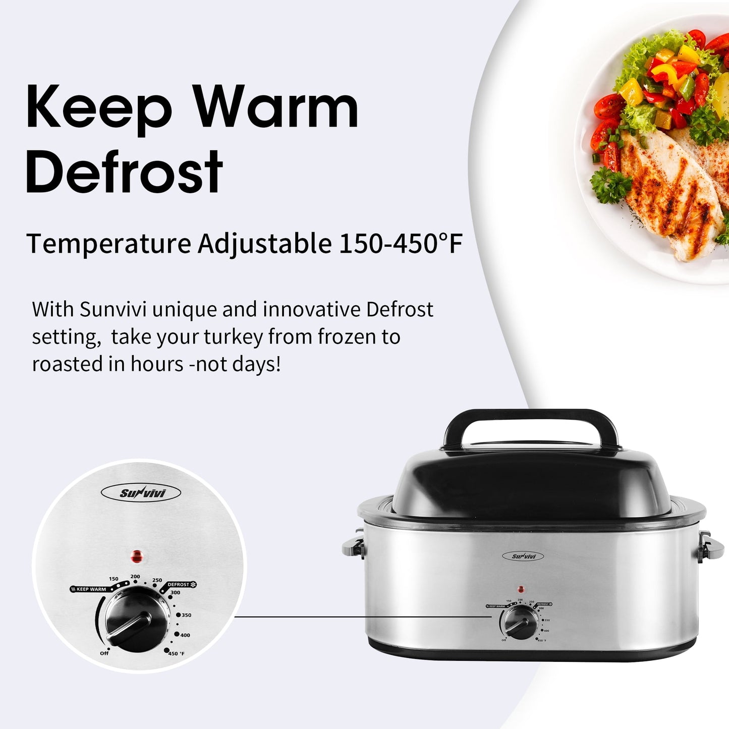 RoyalCraft 20 Quart Electric Roaster Oven with Self-Basting Lid, Stainless Steel, Silver