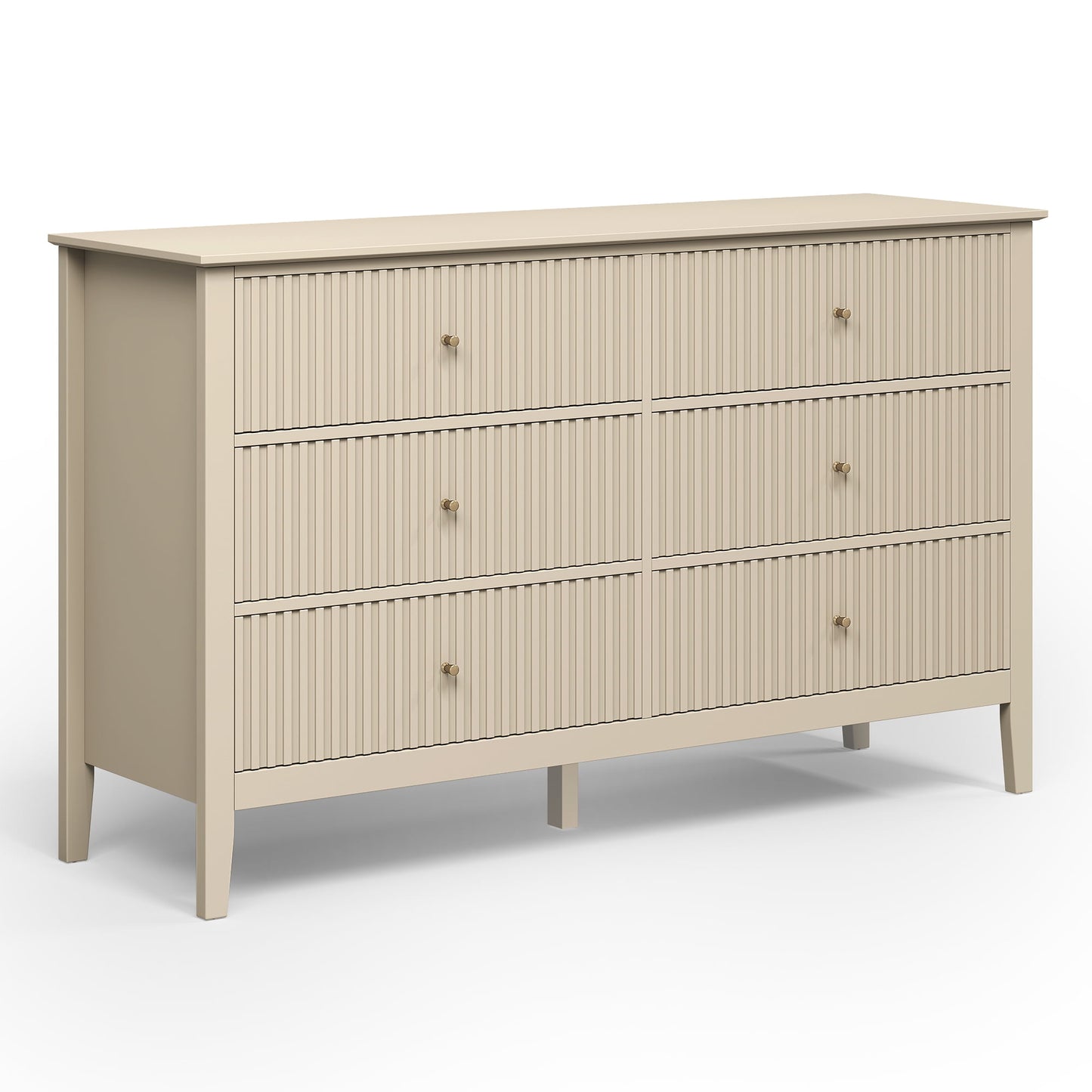 May in Color Fluted 6 Drawer Dresser, Wide Modern Chest of Drawers, Large Wood Storage Cabinet Organizer for Bedroom, Living Room, Hallway, Entryway, Beige