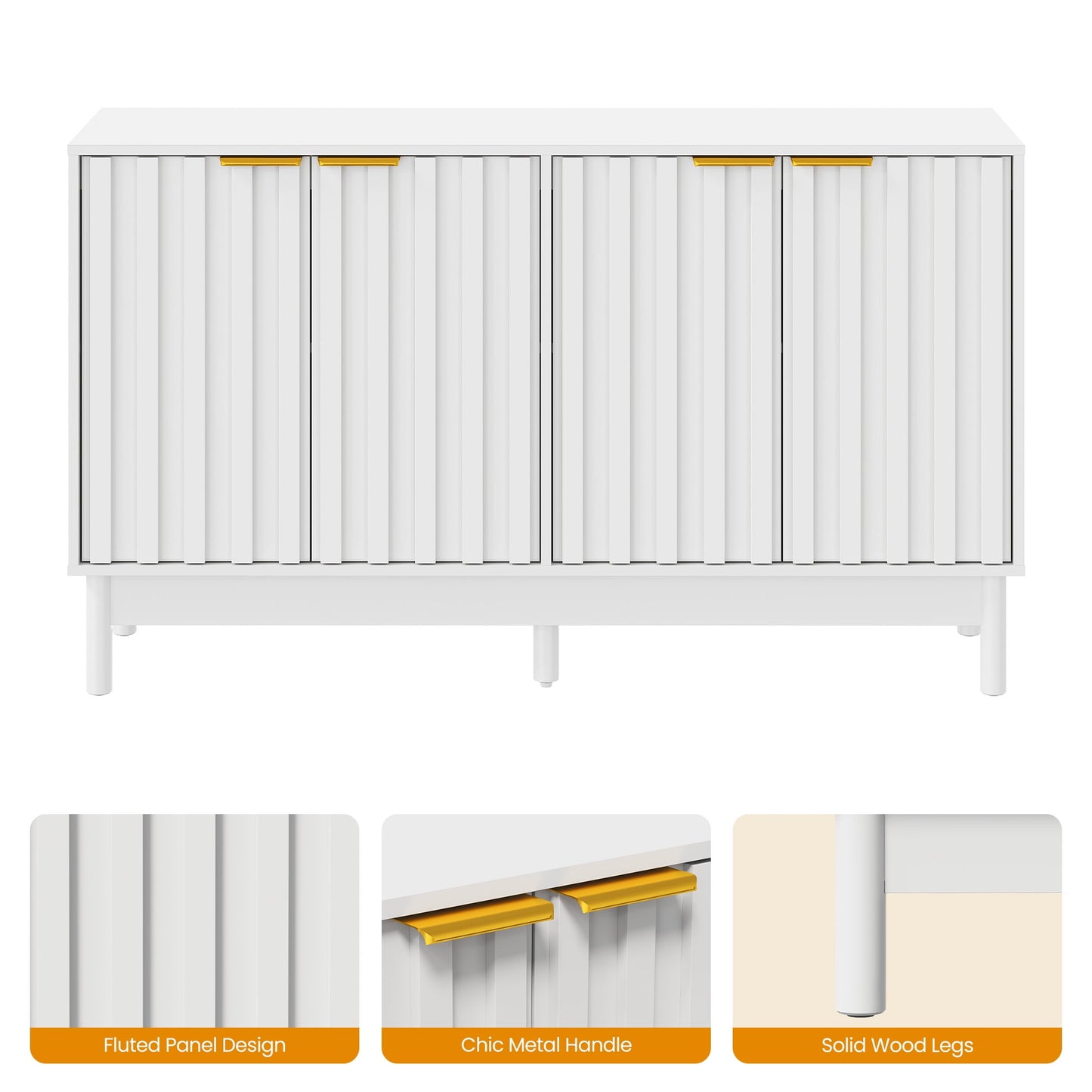 May in Color 55'' Buffet Cabinet with Fluted Door and Adjustable Shelves, Wood Credenzas Coffee Bar Cabinet for Kitchen, Dining Room, Living Room, White