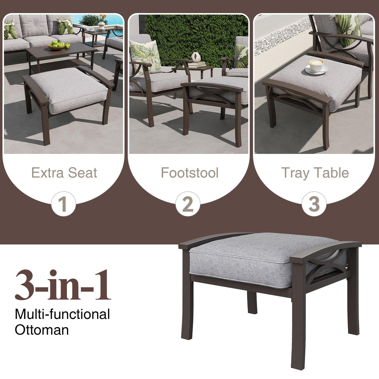 Heynemo Durable Iron Patio Footstool with Cushions ¨C Stable, Weather-Resistant Outdoor Ottoman for Relaxation & Extra Seatin, Black