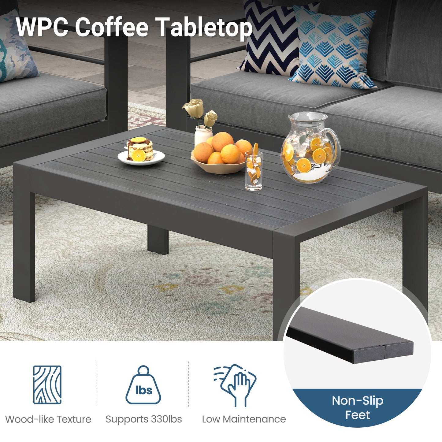 CozyHom Outdoor Patio Aluminum Coffee Table, Modern Patio Rectangular Metal Coffee Table, Gray