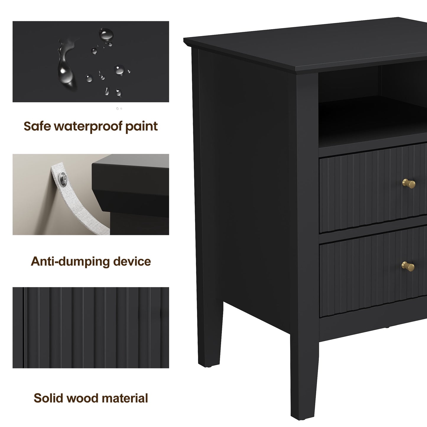 Heynemo Black Fluted Nightstand with 2 Drawers, Modern Wooden Sofa Table for Small Spaces, Tall End Table for Bedroom, Living Room