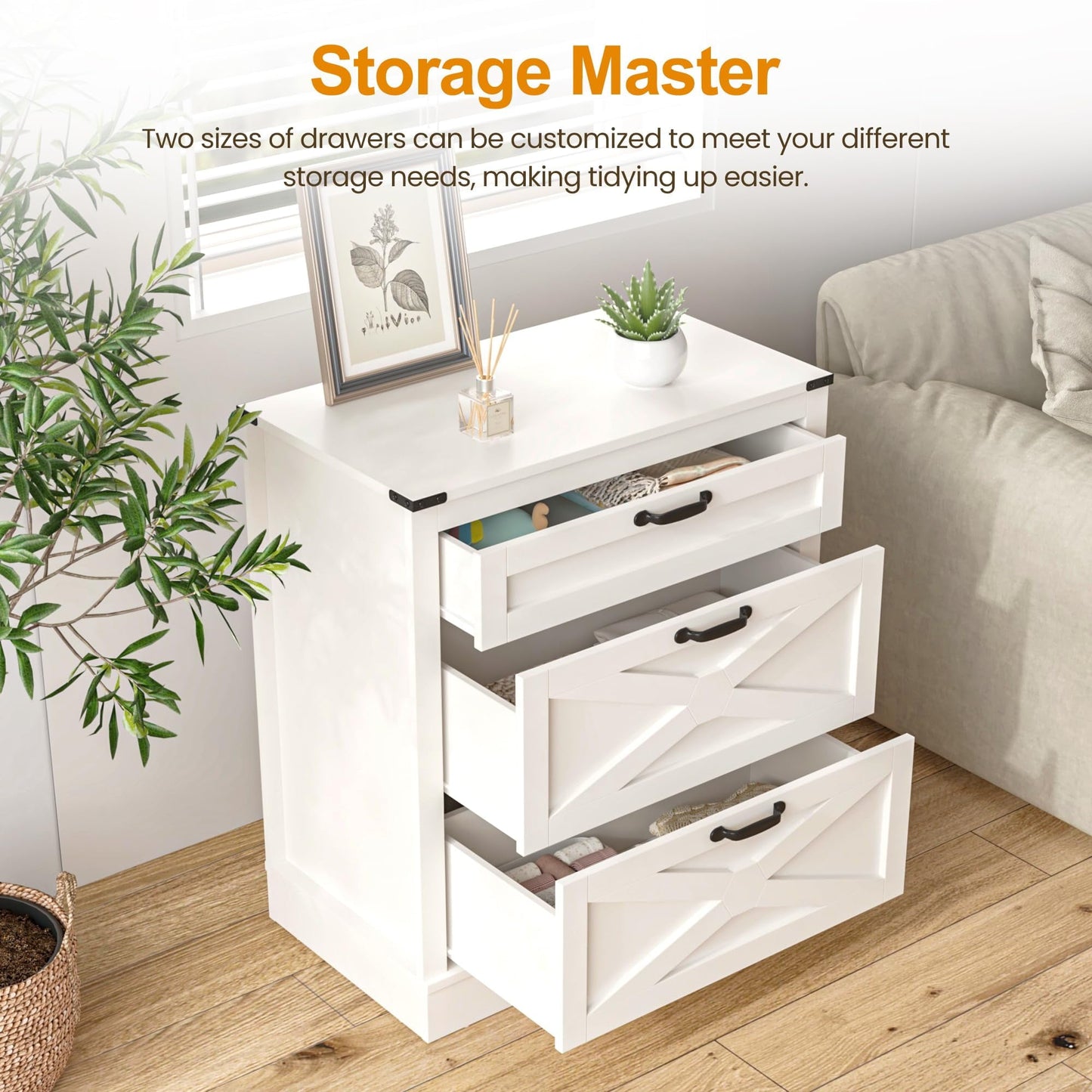 RoyalCraft White 3 Drawer Dresser, Wood X-shaped Chest of Drawers for Bedroom, Farmhouse Wide Nightstand with Drawers Cabinet for Bedroom, Living Room, Hallway, Entryway