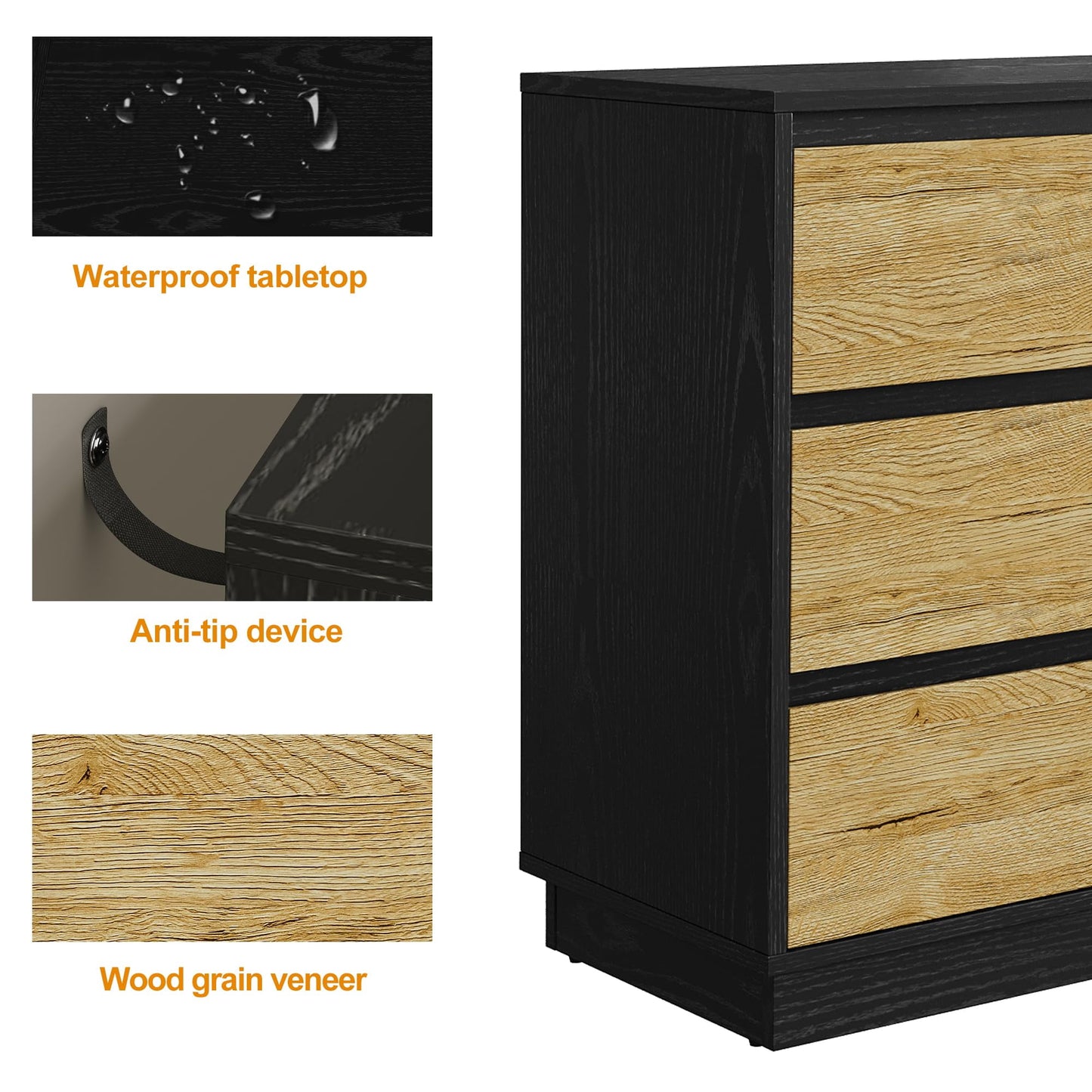 May in Color Wide Nightstand with 3 Drawers Set of 2, Black Large Nightstand for Bedroom, Home and Office, Black and Wood