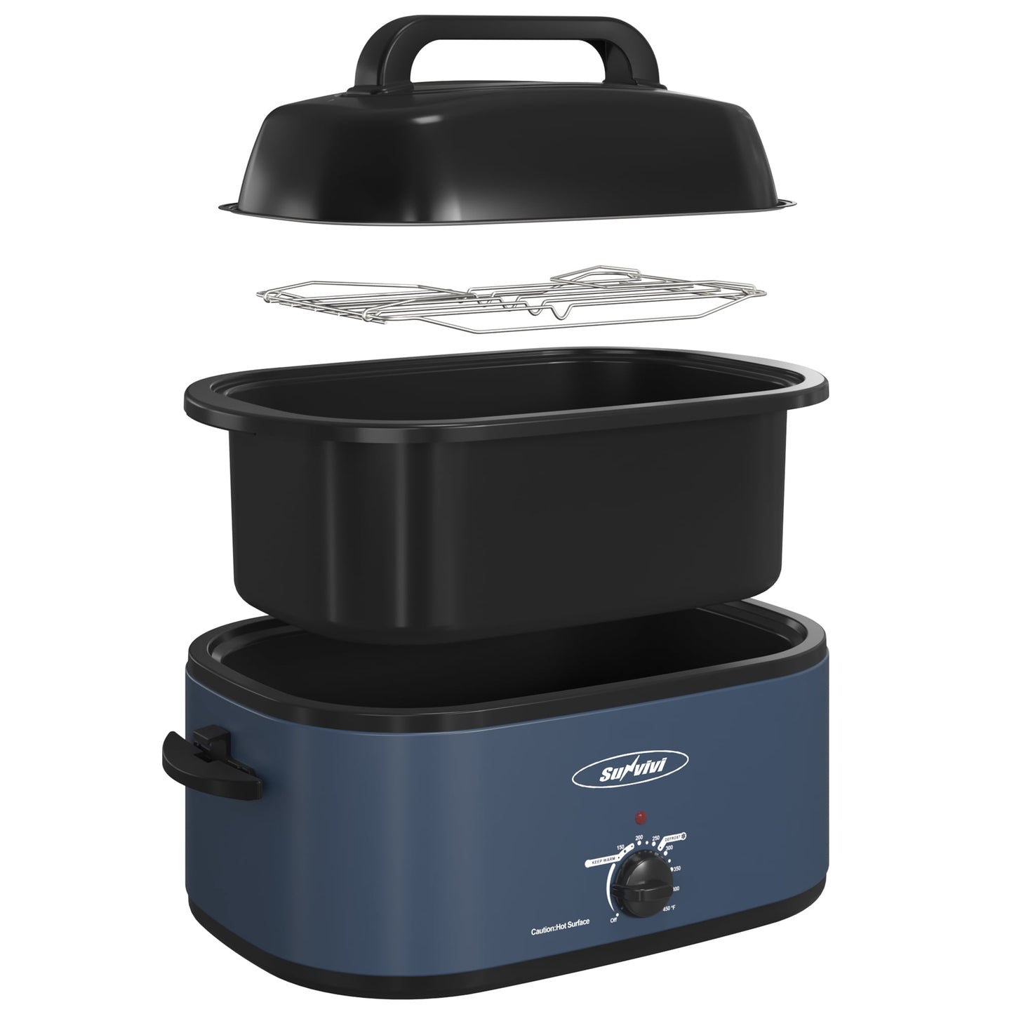 Sunvivi 26 Quart Electric Turkey Roaster Oven Upgraded Large Size with Visible Glass Lid, Removable Pan & Rack, Stainless Steel, Blue