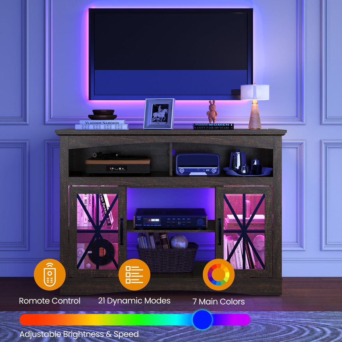 May in Color 47'' Farmhouse TV Stand with 18'' Fireplace Insert, TV Console with Adjustable Shelves, Glass Doors & LED Lights