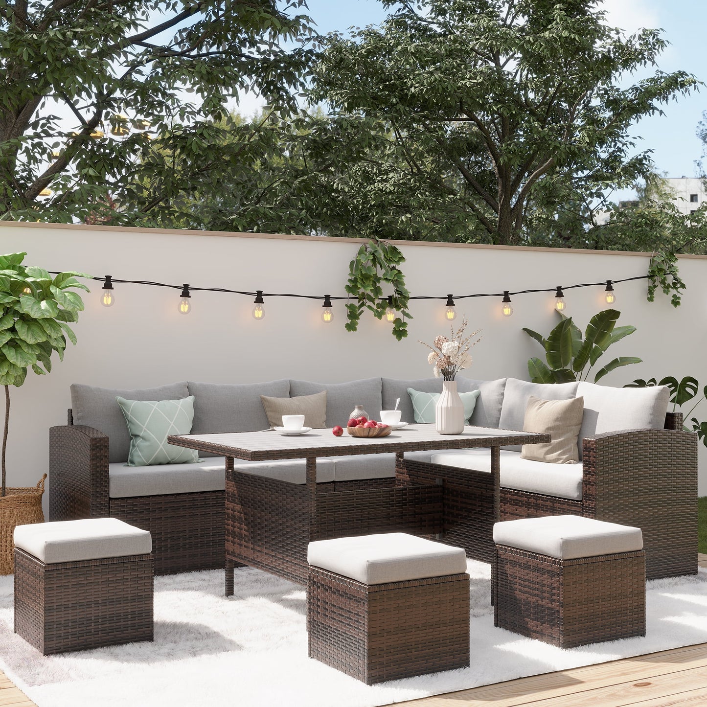 Patio Furniture Set, 7 Piece Outdoor Wicker Patio Furniture with High Curved Back Dining Sectional Sofa, Dining Table, Ottomans and Cushions, All Weather Conversation Set, Grey