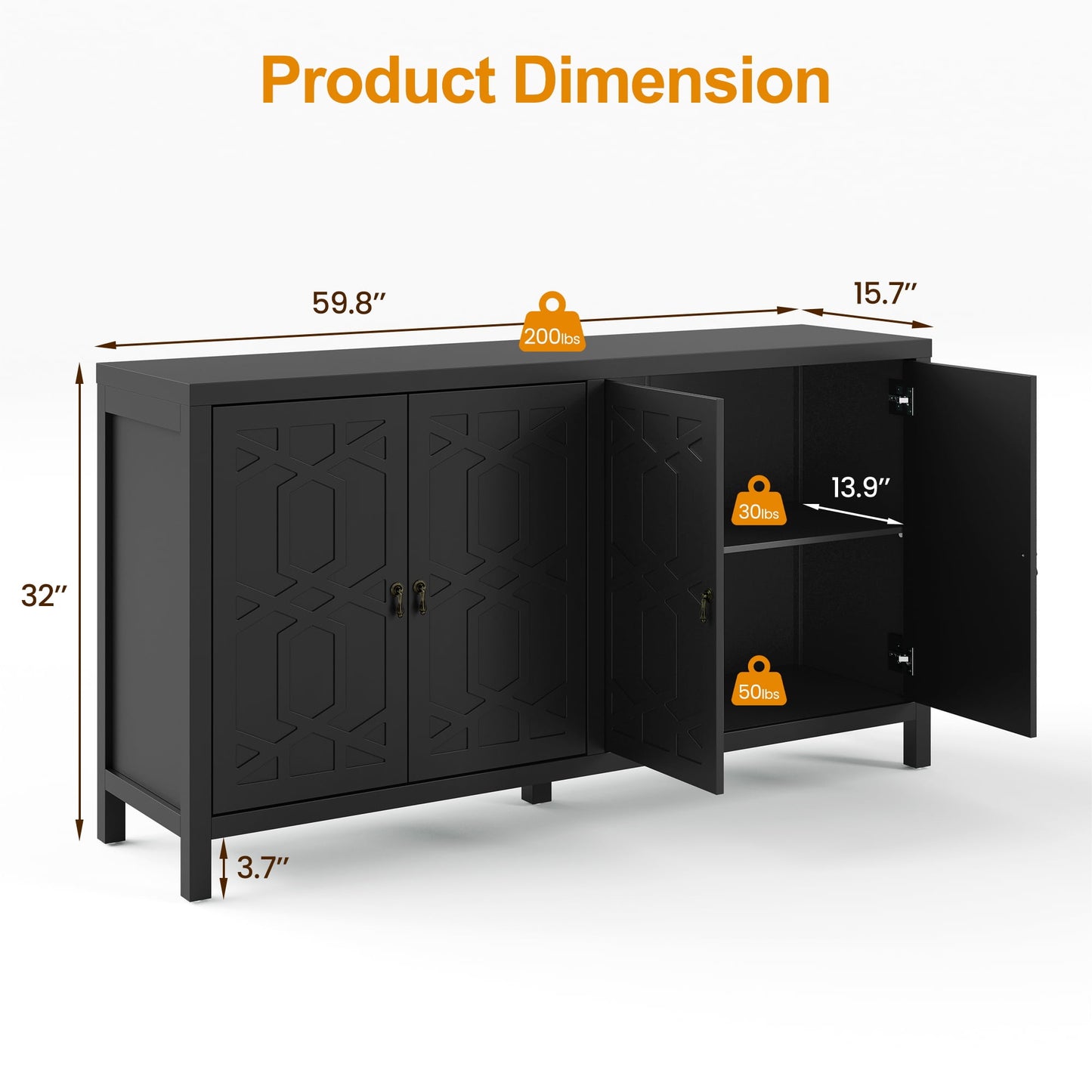 May in Color Sideboard Buffet, 58" Modern Buffet Cabinet with 4 Doors and Adjustable Shelves, for Entryway, Dining Room, Living Room, Bedroom, Black