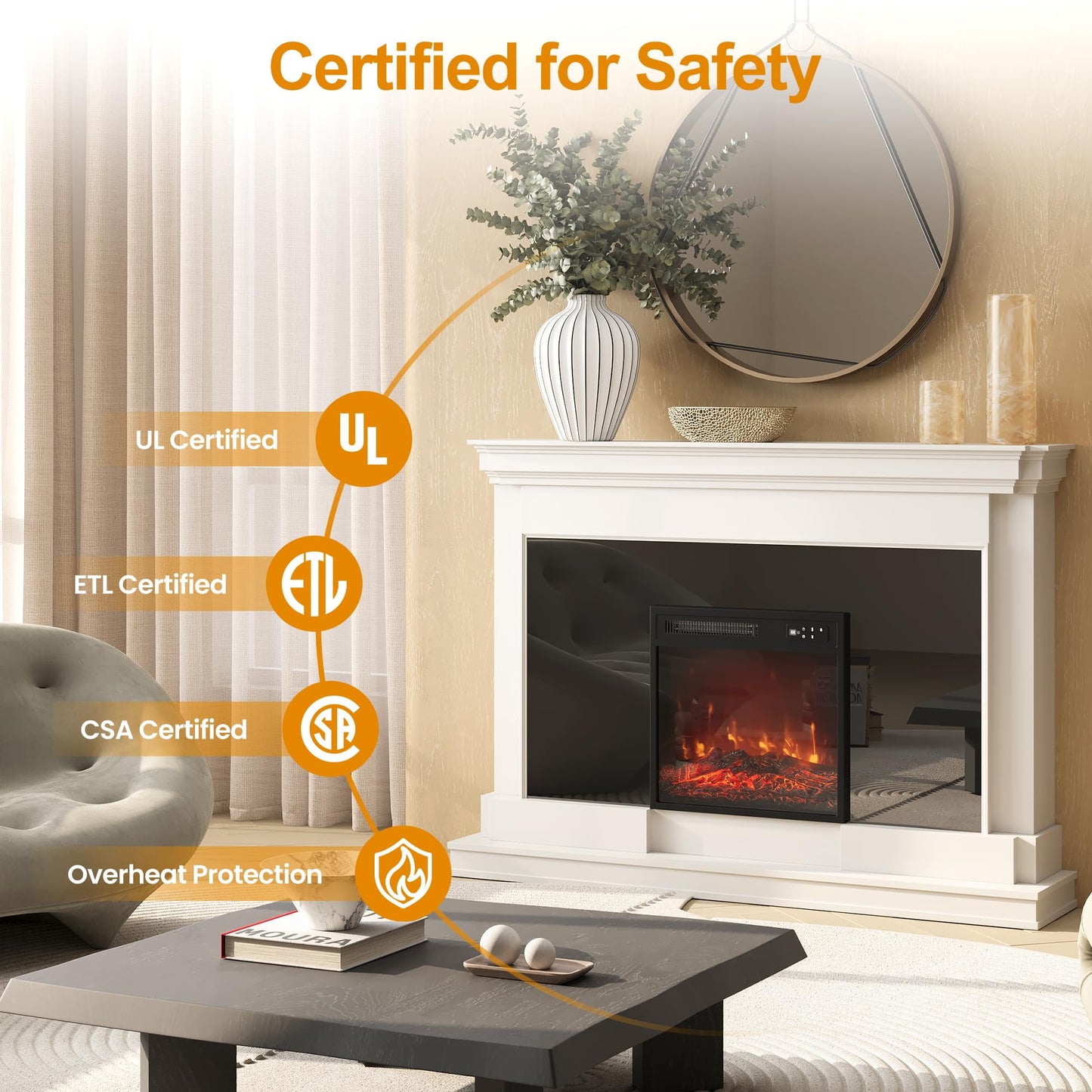 Heynemo 18" Electric Fireplace Insert, Recessed Fireplace Heater with Remote Control, Small Heater with Low Noise, Adjustable Temperature, 8H Timer, Adjustable Flame Brightness, 110V/1500W, Black